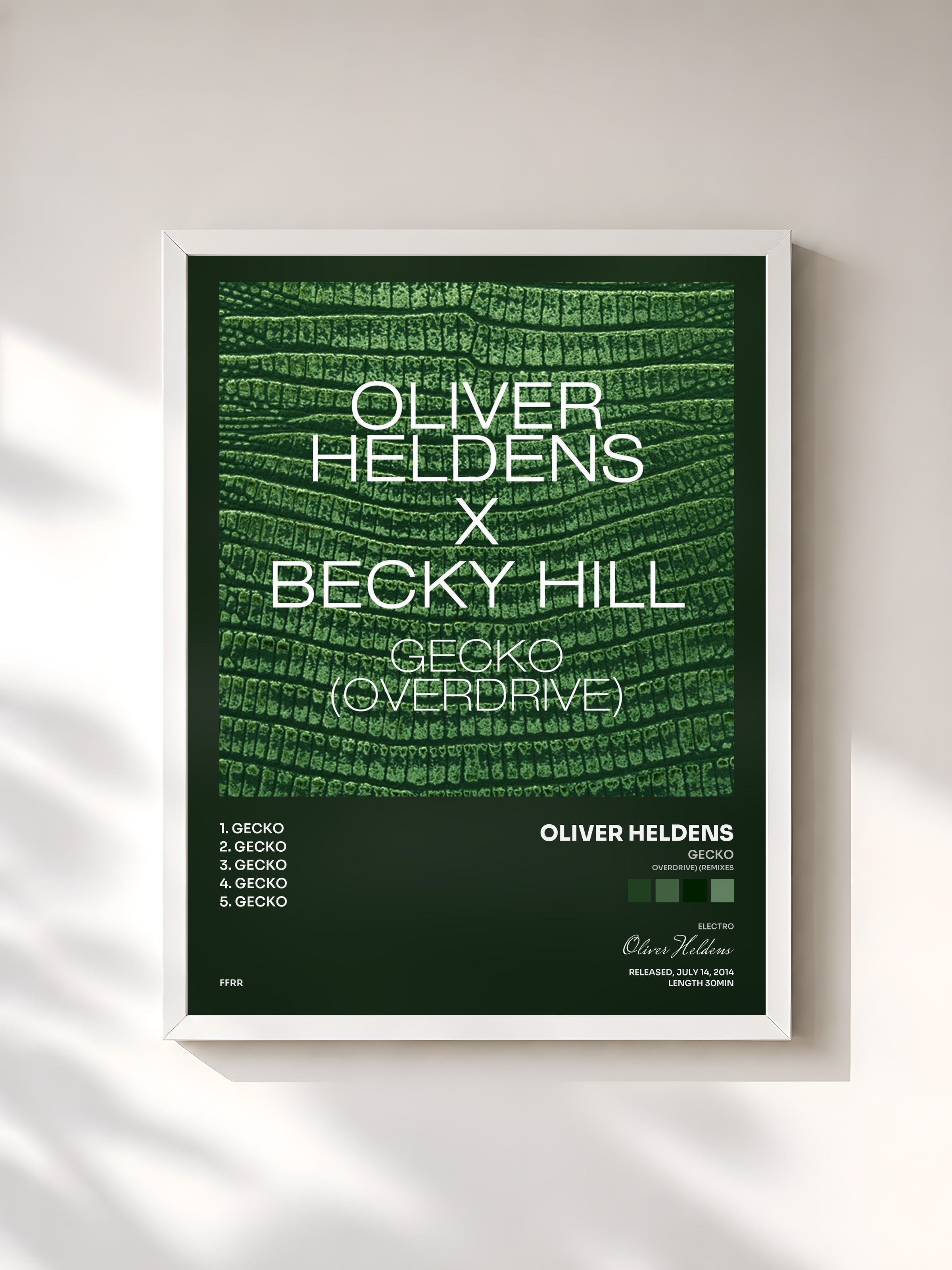 #blanc Tableau de l'album Gecko (Overdrive) (Remixes) de Oliver Heldens, cadre blanc, imprimé et encadré en France