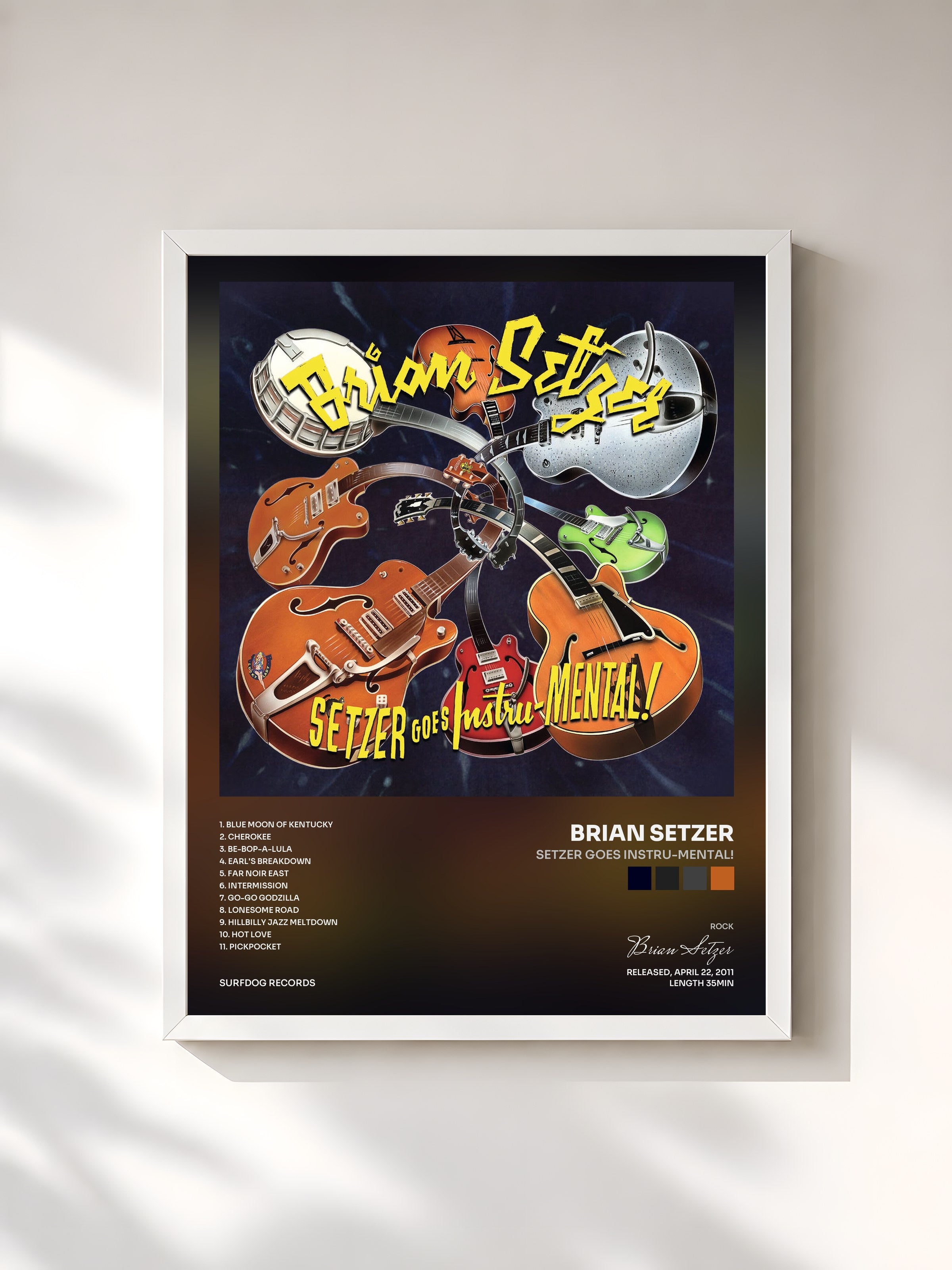 #blanc Tableau de l'album Setzer Goes Instru-MENTAL! de Brian Setzer, cadre blanc, imprimé et encadré en France