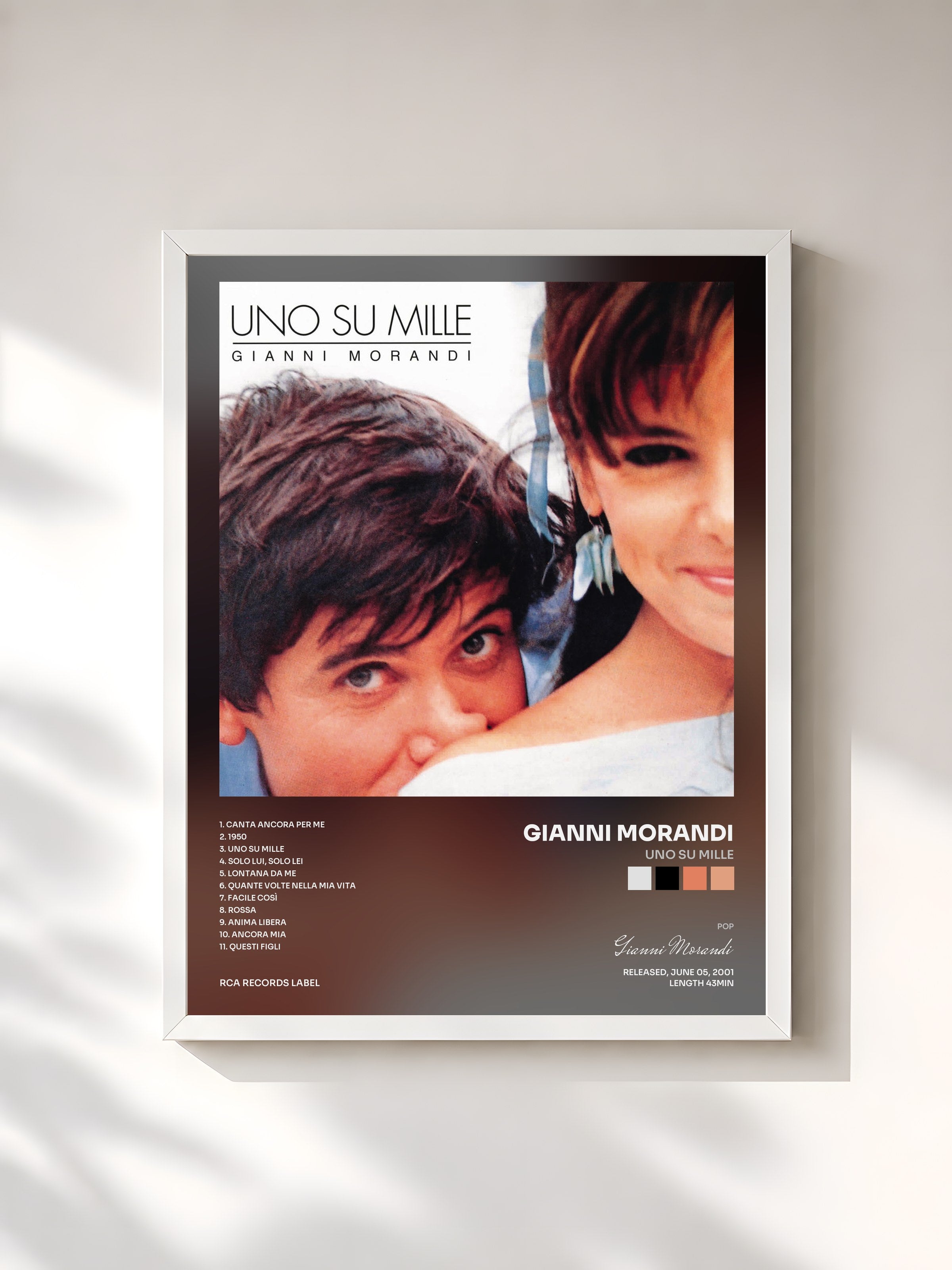 #blanc Tableau de l'album Uno Su Mille de Gianni Morandi, cadre blanc, imprimé et encadré en France