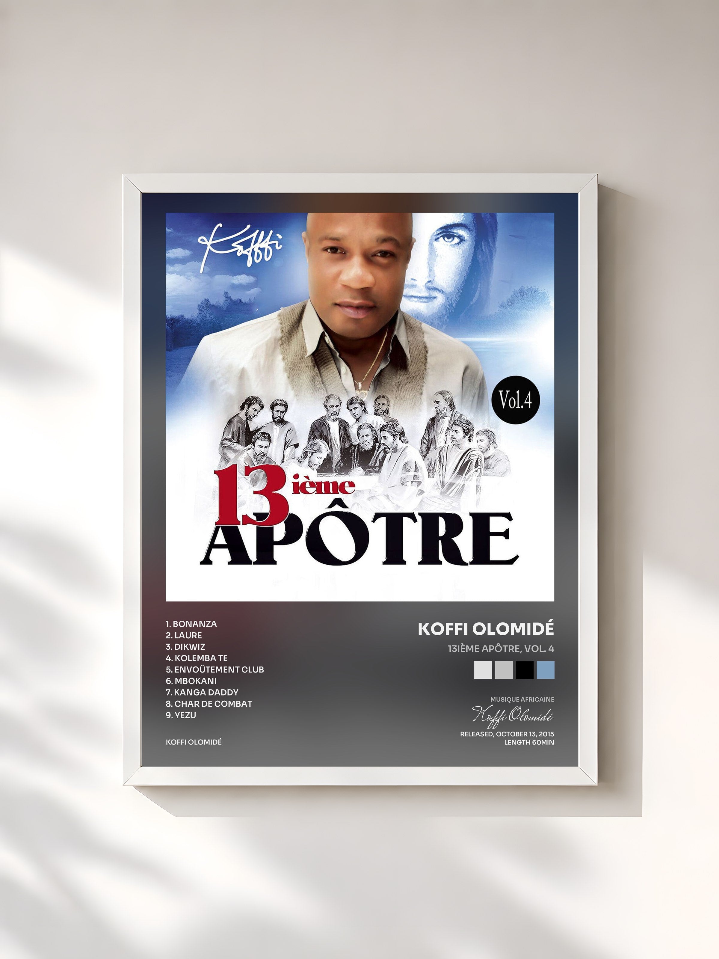 #blanc Tableau de l'album 13ième apôtre, Vol. 4 de Koffi Olomidé, cadre blanc, imprimé et encadré en France