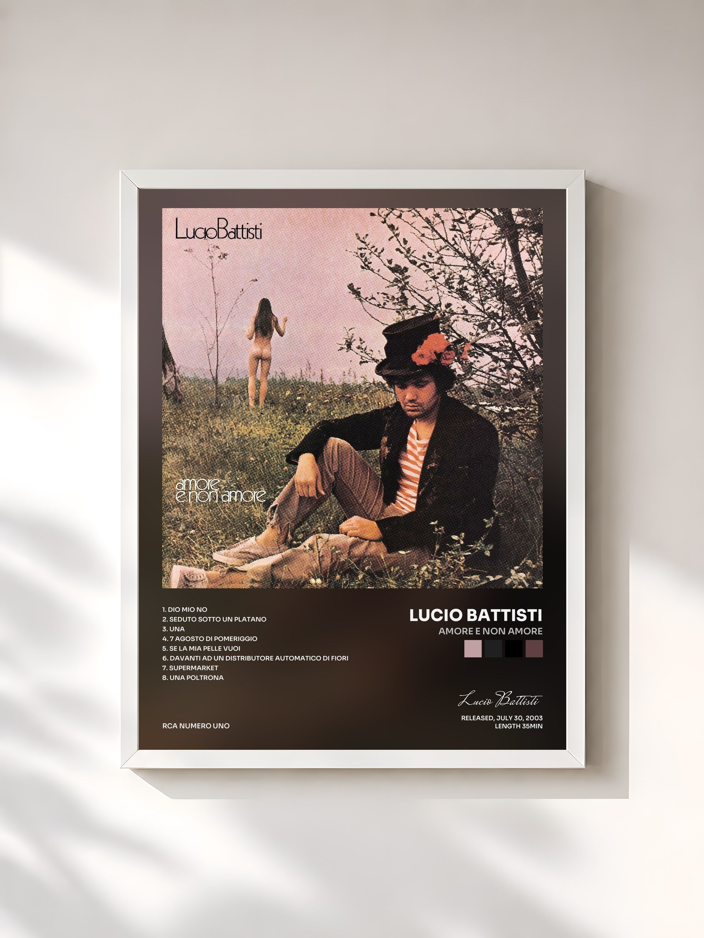 #blanc Tableau de l'album Amore e non amore de Lucio Battisti, cadre blanc, imprimé et encadré en France