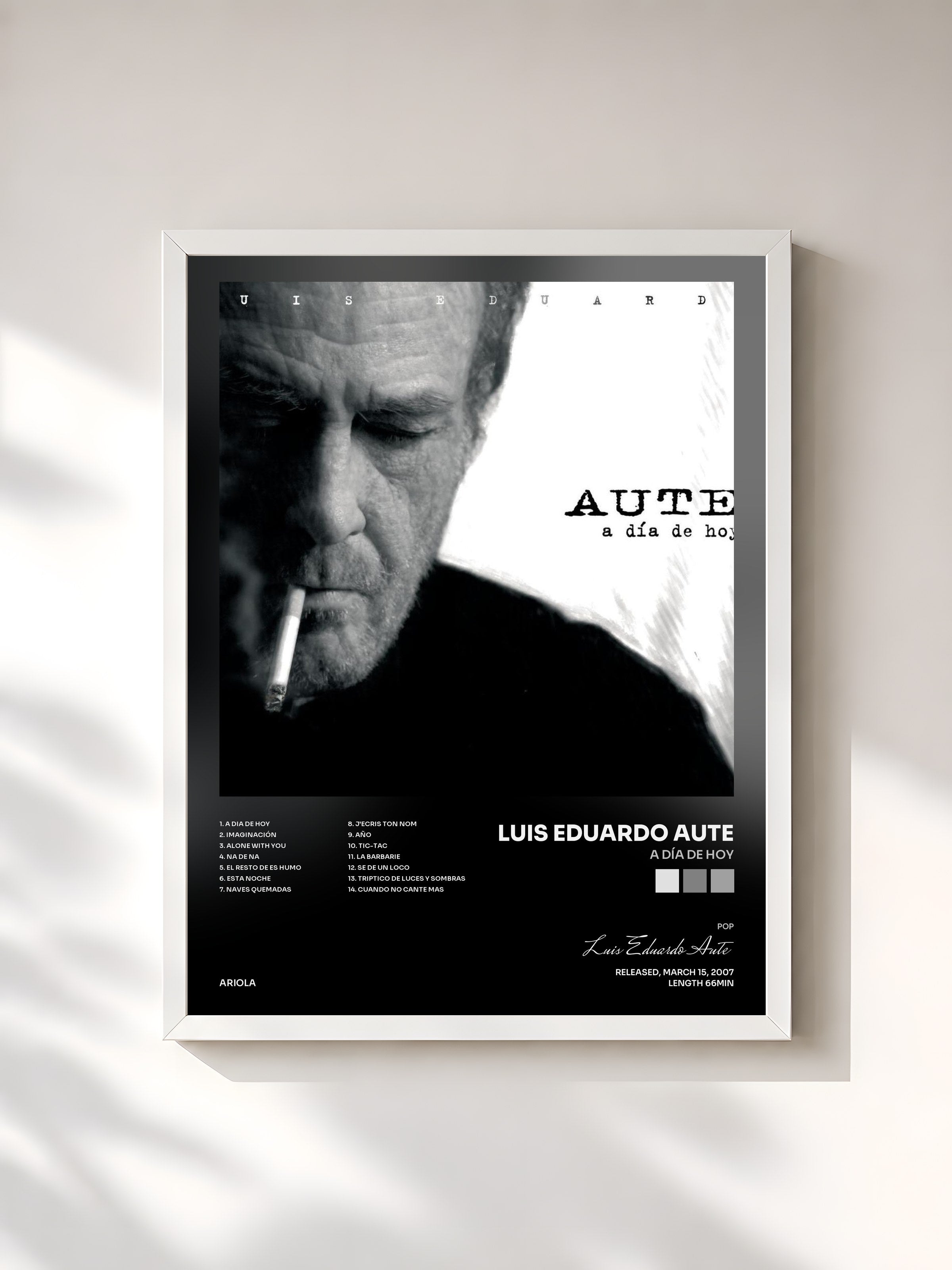 #blanc Tableau de l'album A Día De Hoy de Luis Eduardo Aute, cadre blanc, imprimé et encadré en France