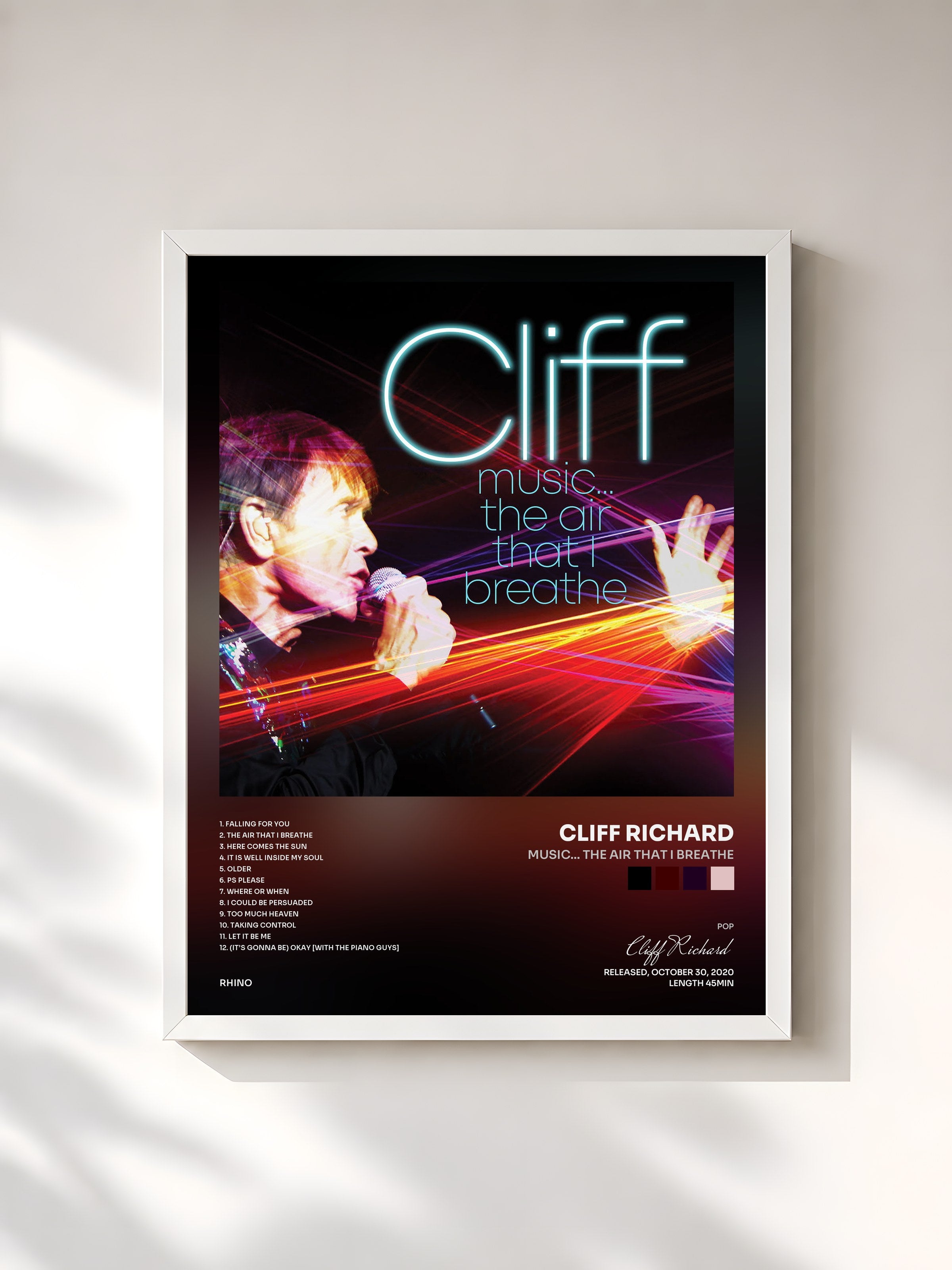 #blanc Tableau de l'album Music... The Air That I Breathe de Cliff Richard, cadre blanc, imprimé et encadré en France