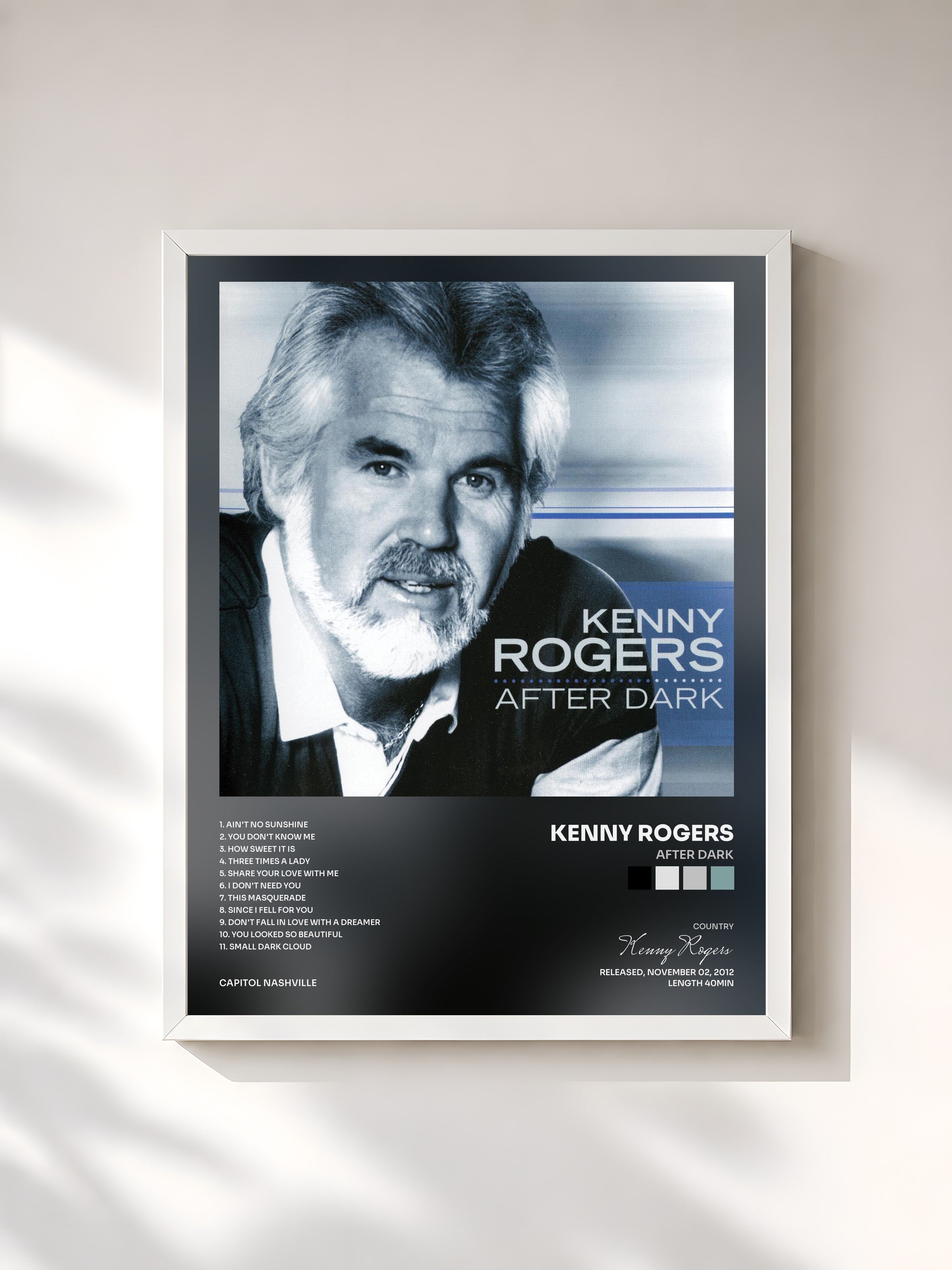 #blanc Tableau de l'album After Dark de Kenny Rogers, cadre blanc, imprimé et encadré en France