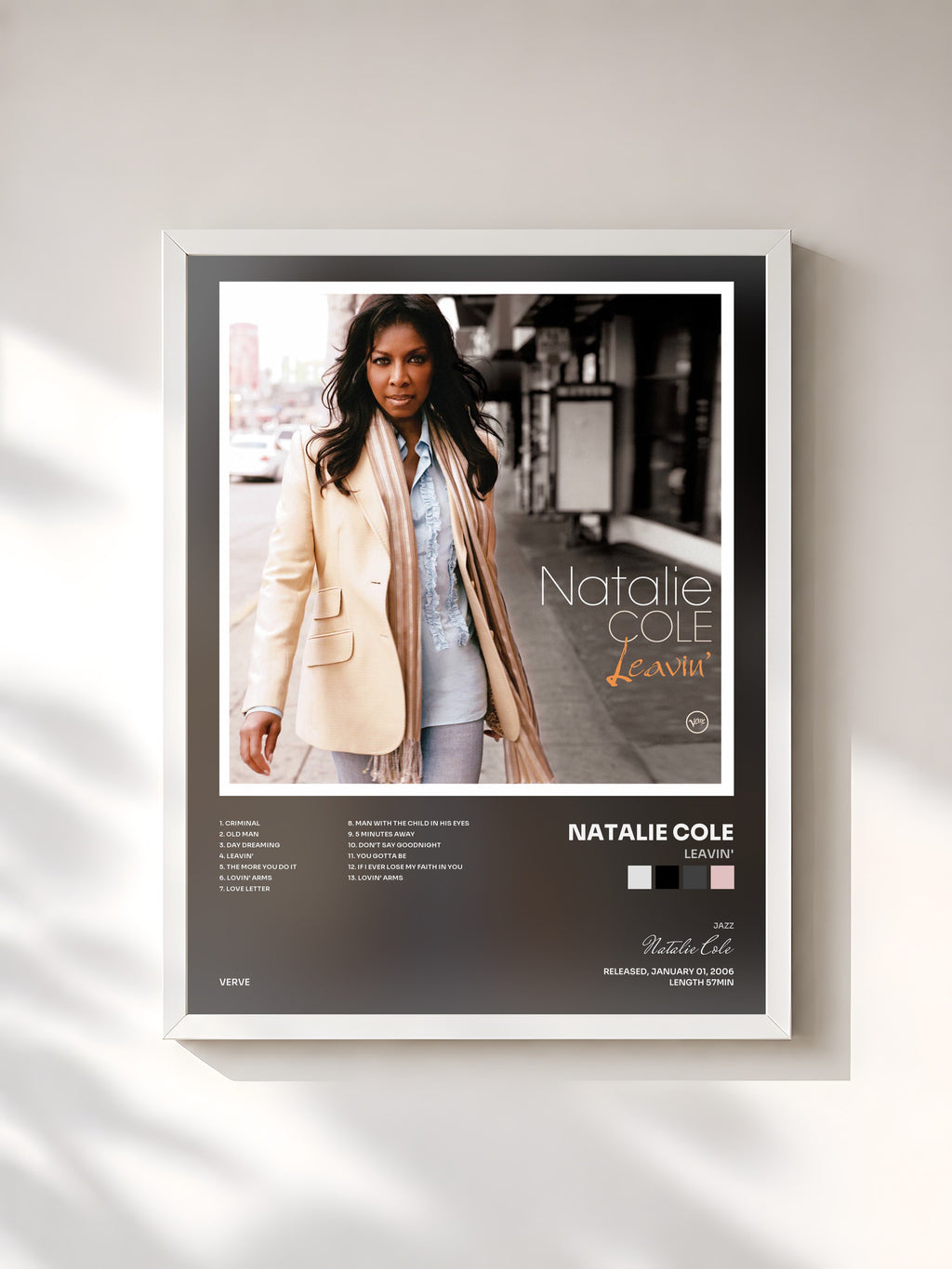 #blanc Tableau de l'album Leavin' de Natalie Cole, cadre blanc, imprimé et encadré en France