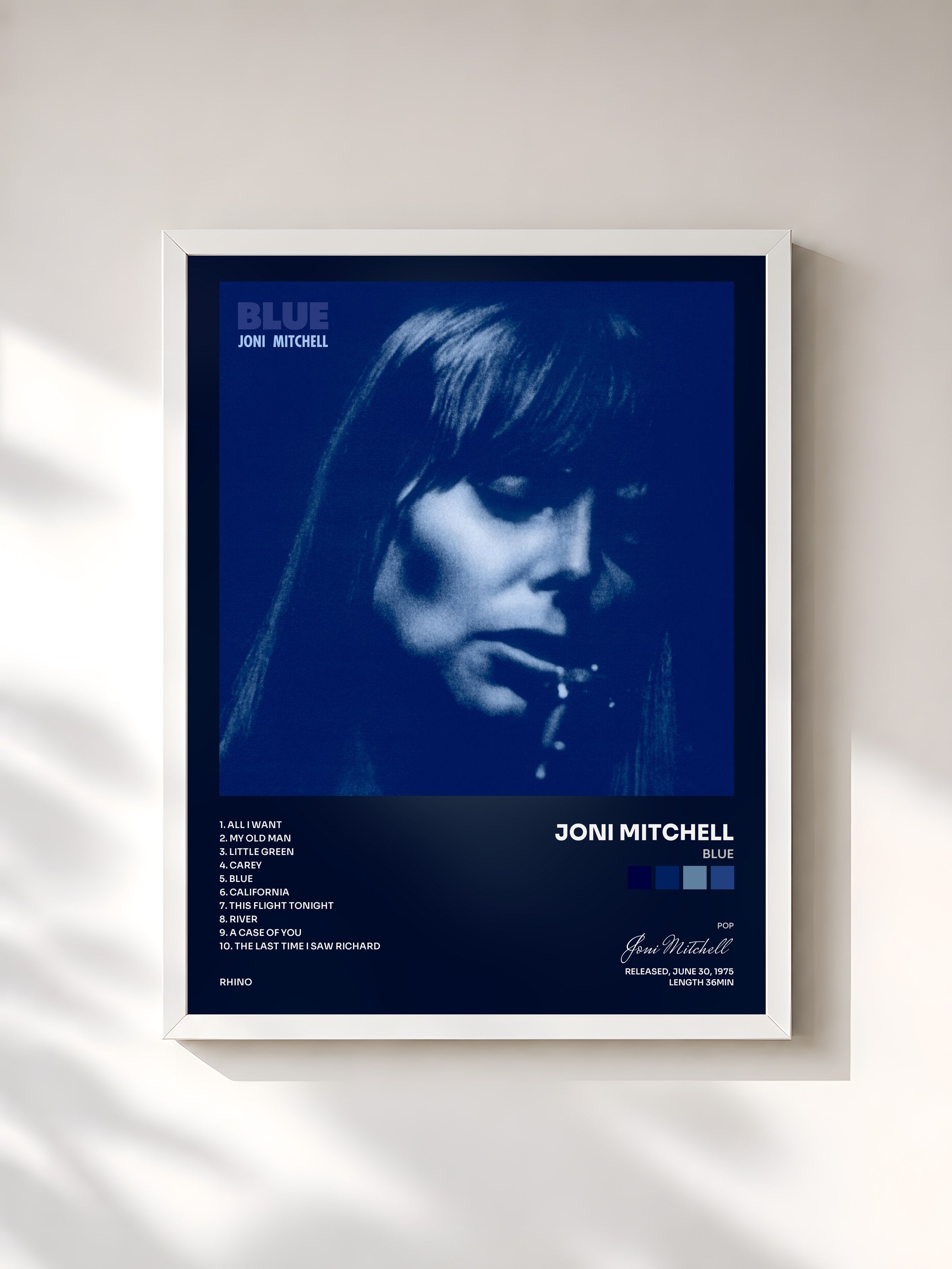 #blanc Tableau de l'album Blue de Joni Mitchell, cadre blanc, imprimé et encadré en France