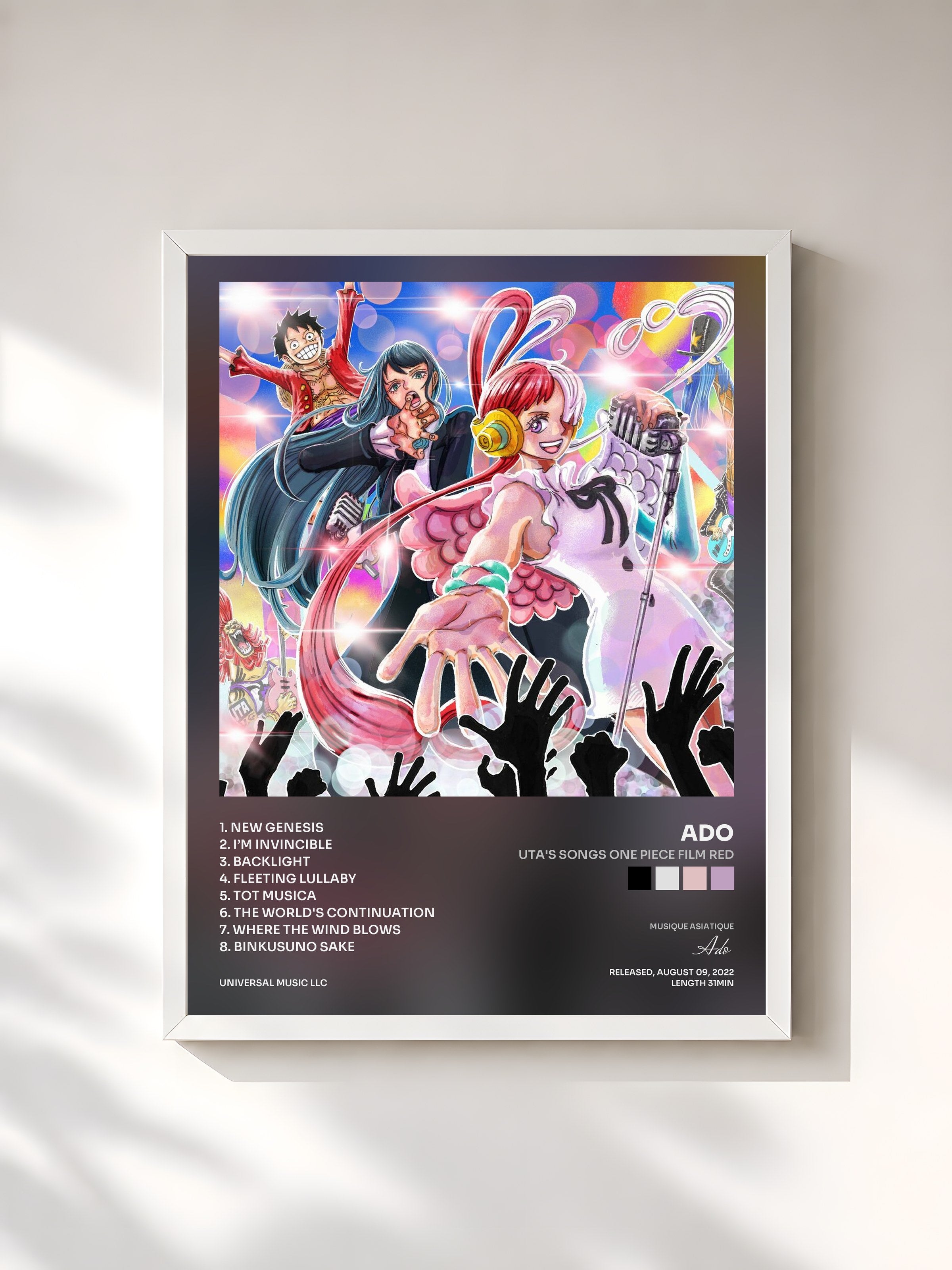 #blanc Tableau de l'album UTA'S SONGS ONE PIECE FILM RED de Ado, cadre blanc, imprimé et encadré en France