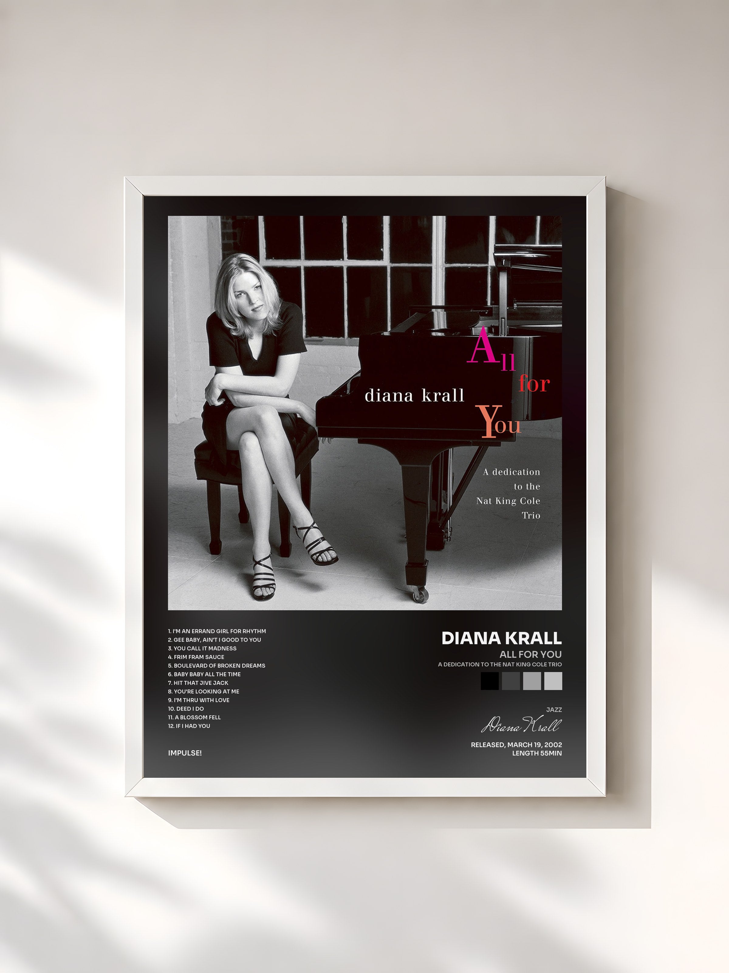 #blanc Tableau de l'album All For You (A Dedication To The Nat King Cole Trio) de Diana Krall, cadre blanc, imprimé et encadré en France