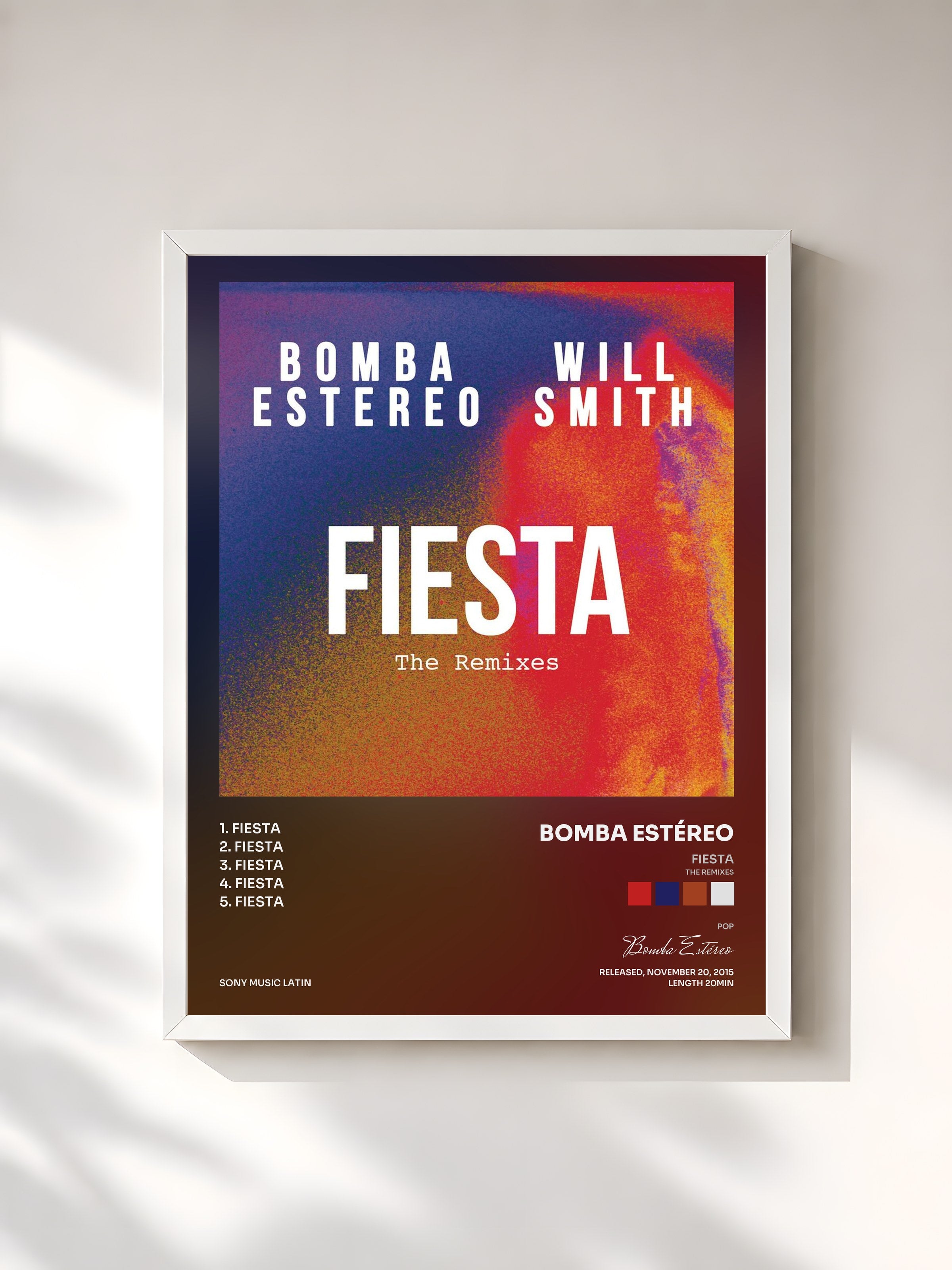 #blanc Tableau de l'album Fiesta (The Remixes) de Bomba Estéreo, cadre blanc, imprimé et encadré en France