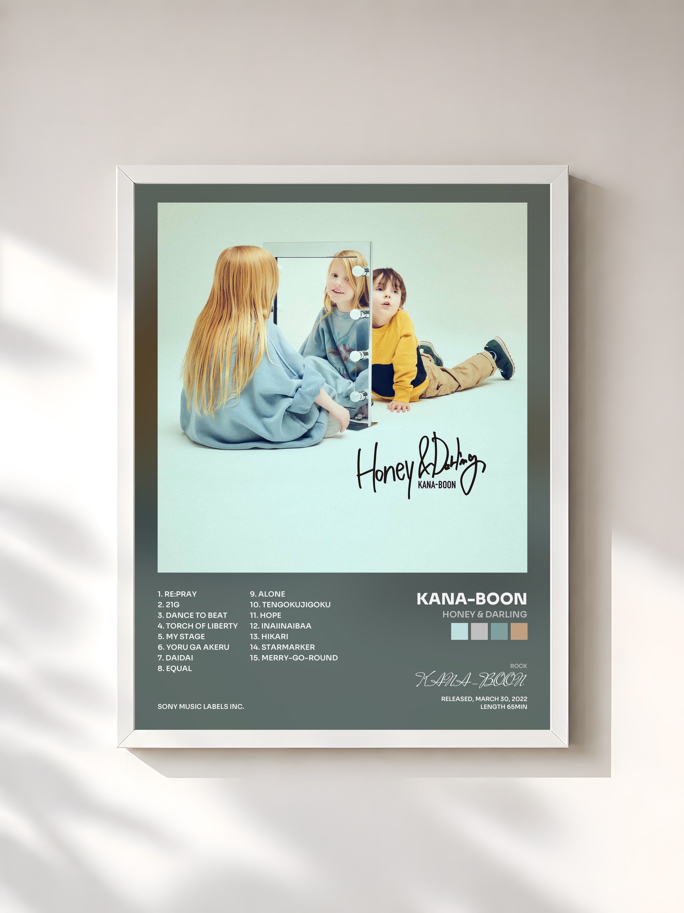 #blanc Tableau de l'album Honey & Darling de KANA-BOON, cadre blanc, imprimé et encadré en France