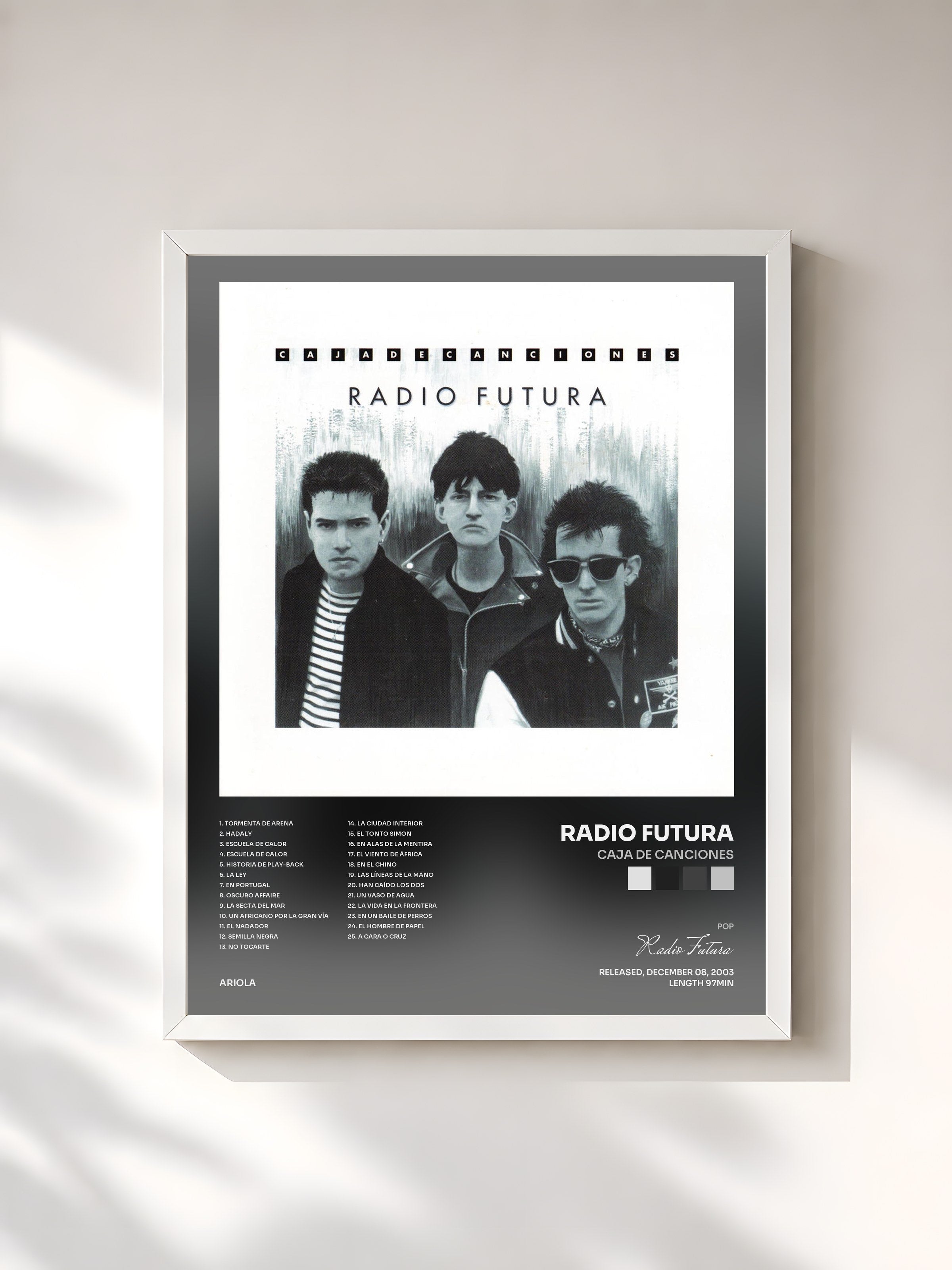 #blanc Tableau de l'album Caja de Canciones de Radio Futura, cadre blanc, imprimé et encadré en France