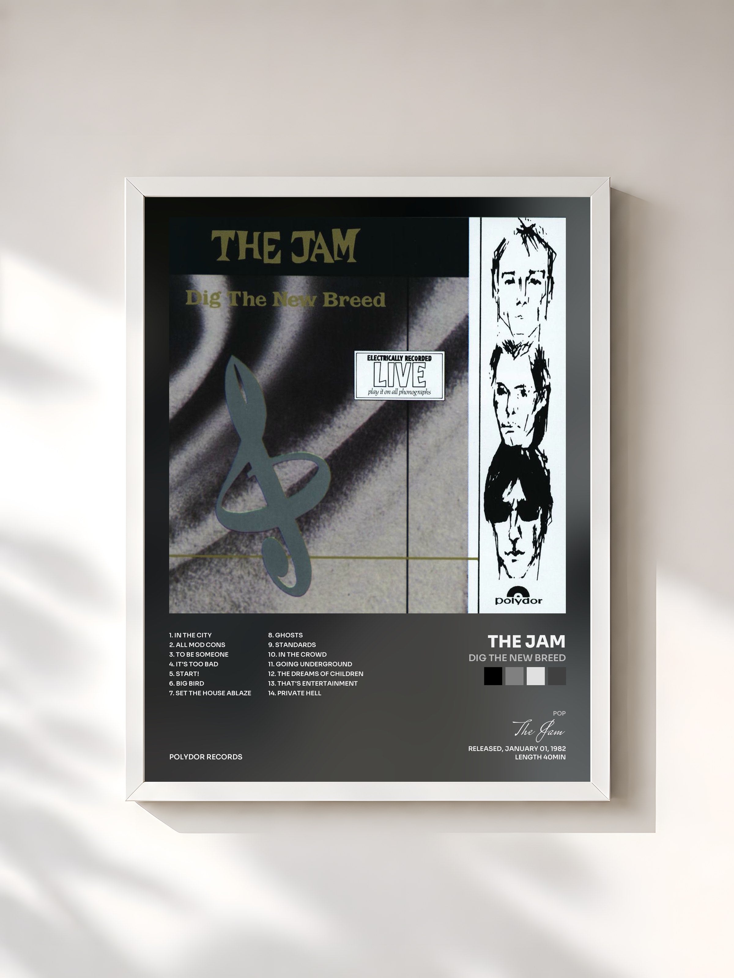 #blanc Tableau de l'album Dig The New Breed de The Jam, cadre blanc, imprimé et encadré en France