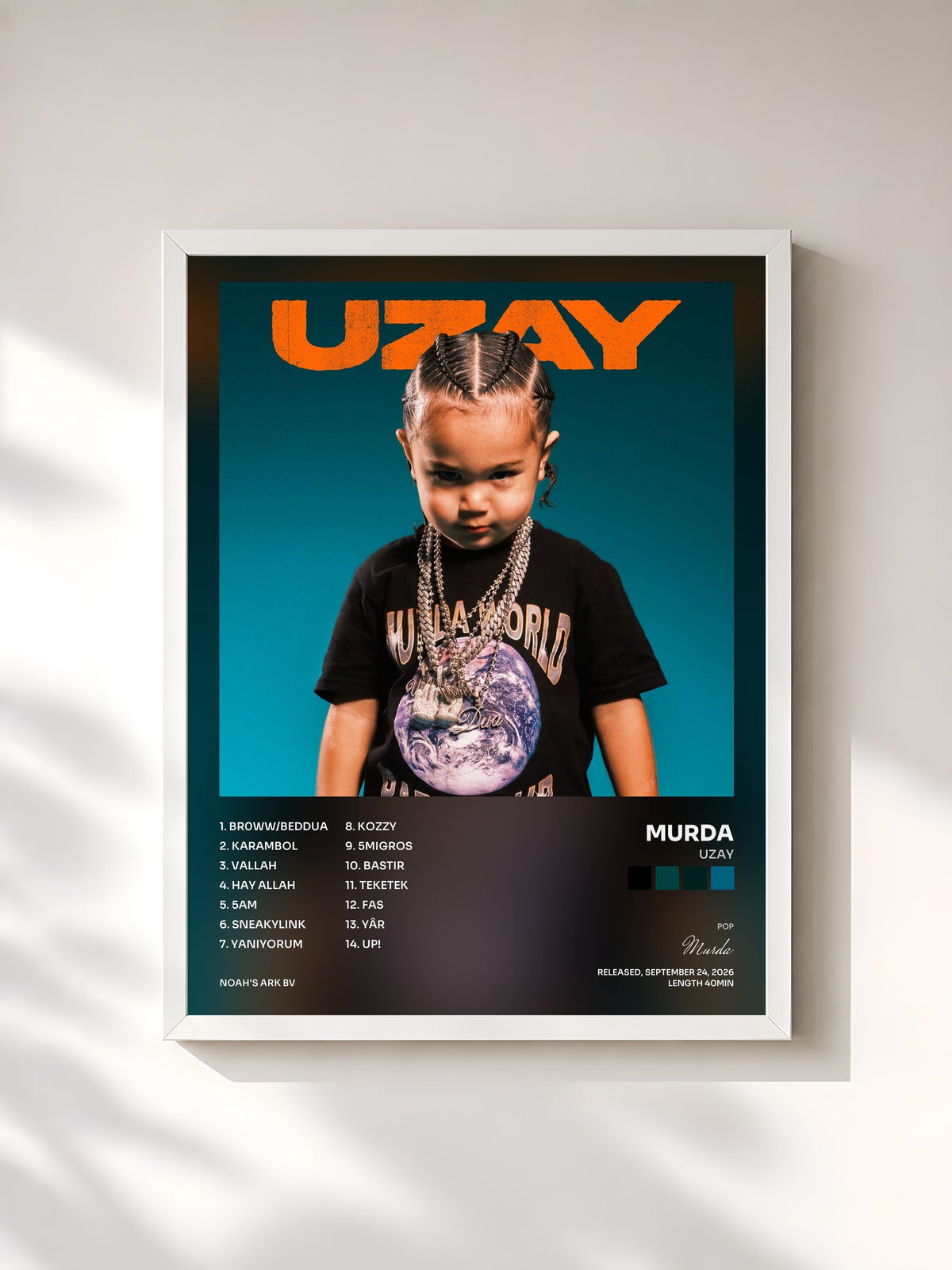#blanc Tableau de l'album UZAY de Murda, cadre blanc, imprimé et encadré en France