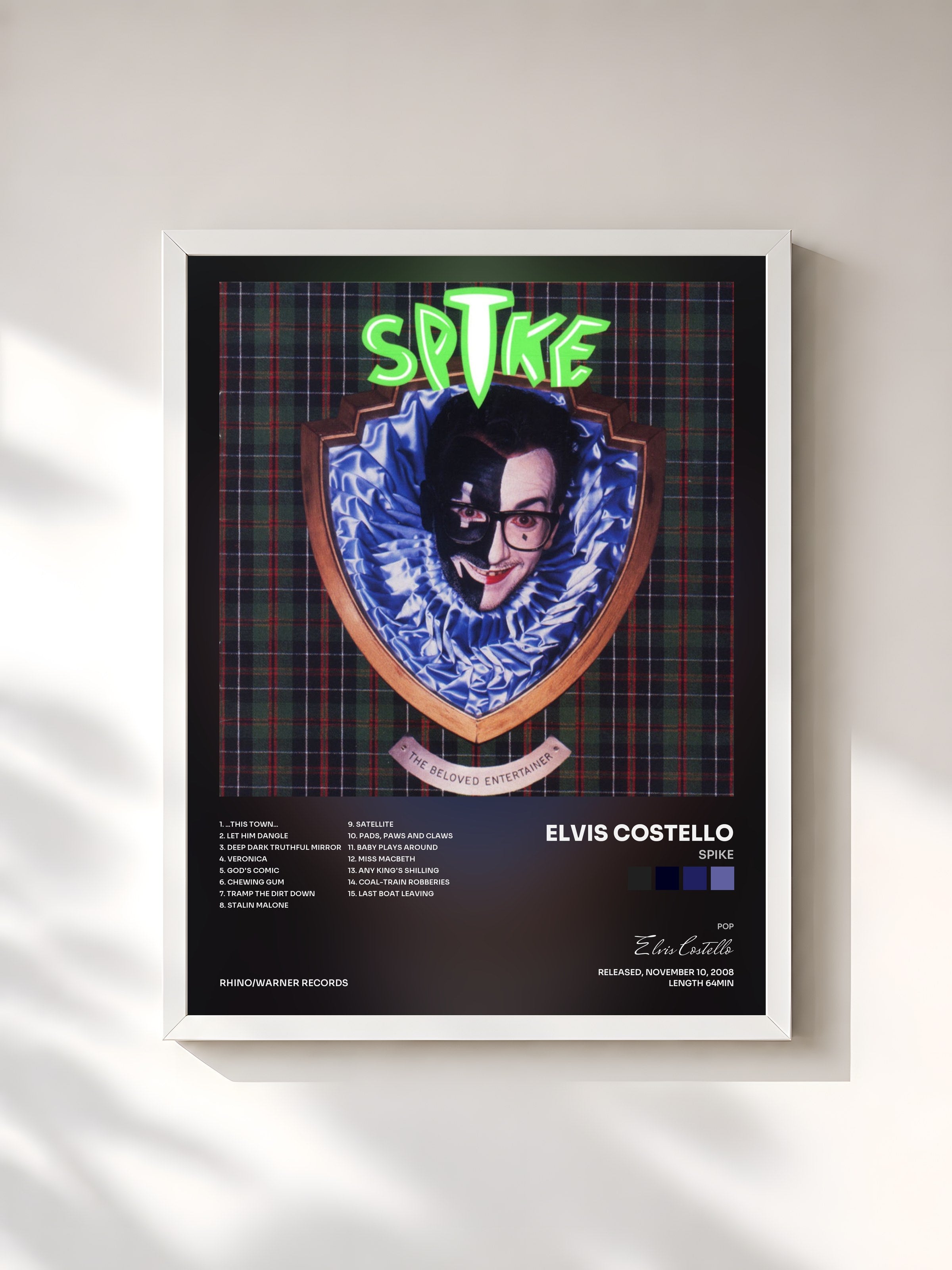 #blanc Tableau de l'album Spike de Elvis Costello, cadre blanc, imprimé et encadré en France
