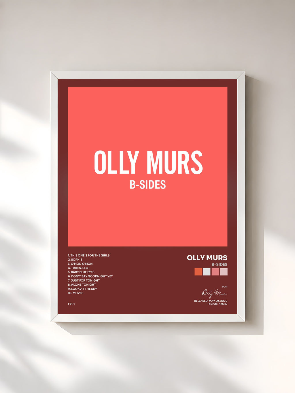 #blanc Tableau de l'album B-Sides de Olly Murs, cadre blanc, imprimé et encadré en France