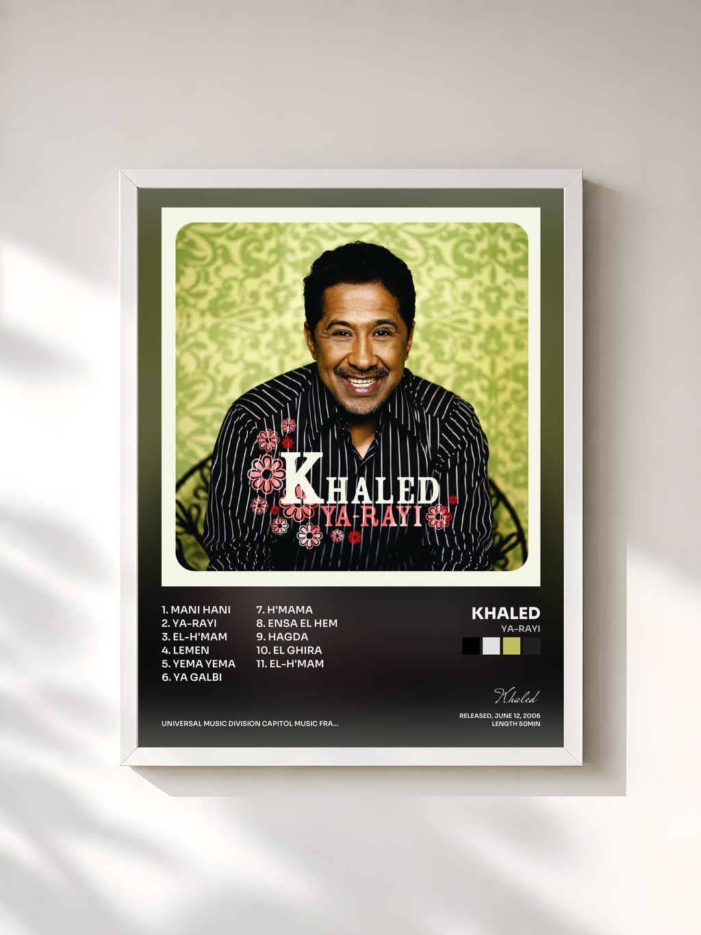 #blanc Tableau de l'album Ya-Rayi de Khaled, cadre blanc, imprimé et encadré en France