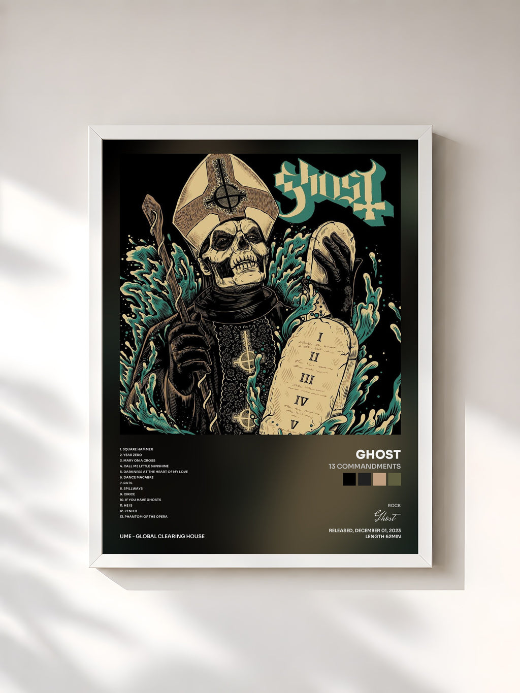 #blanc Tableau de l'album 13 Commandments de Ghost, cadre blanc, imprimé et encadré en France