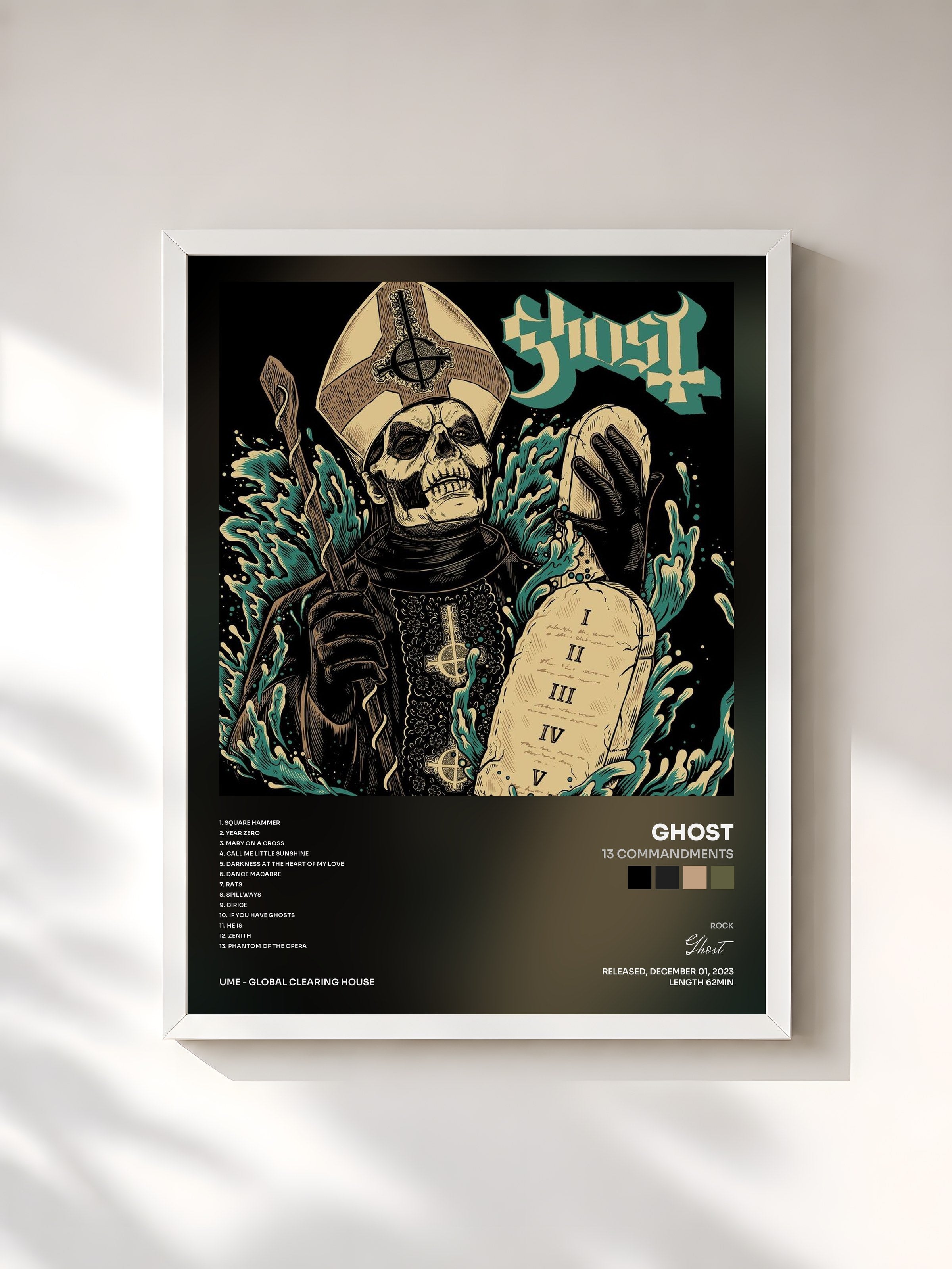 #blanc Tableau de l'album 13 Commandments de Ghost, cadre blanc, imprimé et encadré en France