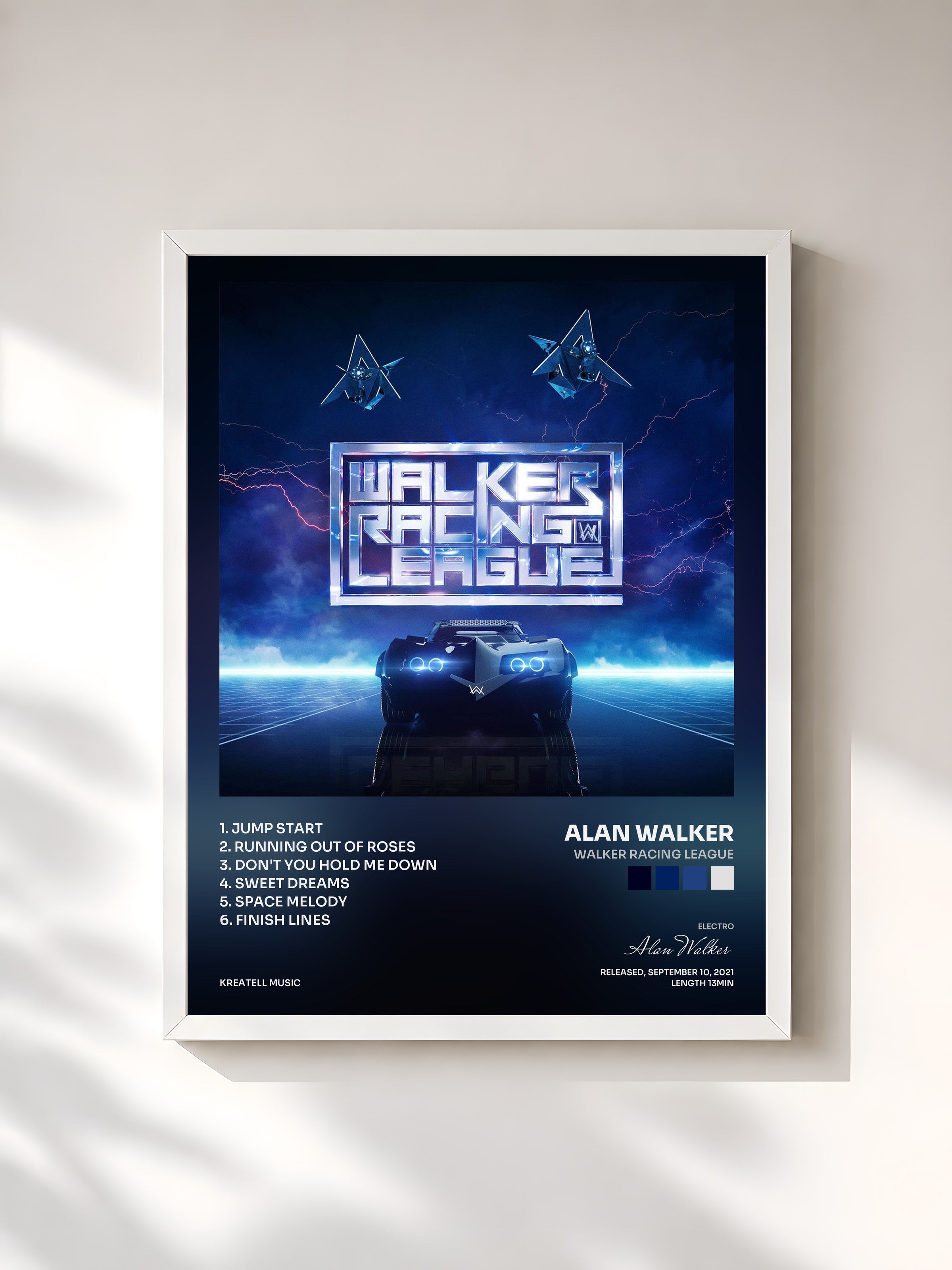 #blanc Tableau de l'album Walker Racing League de Alan Walker, cadre blanc, imprimé et encadré en France