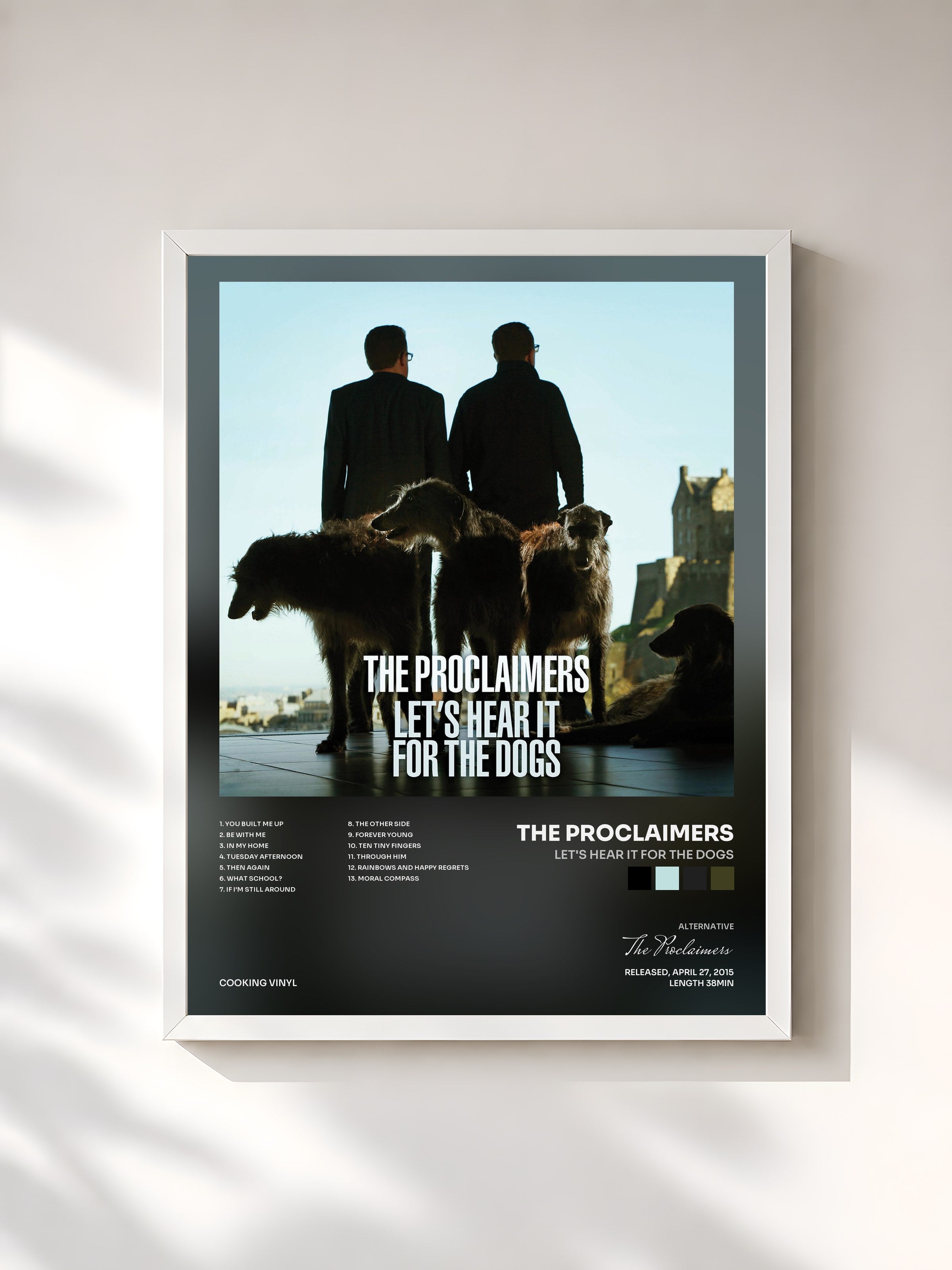 #blanc Tableau de l'album Let's Hear It for the Dogs de The Proclaimers, cadre blanc, imprimé et encadré en France