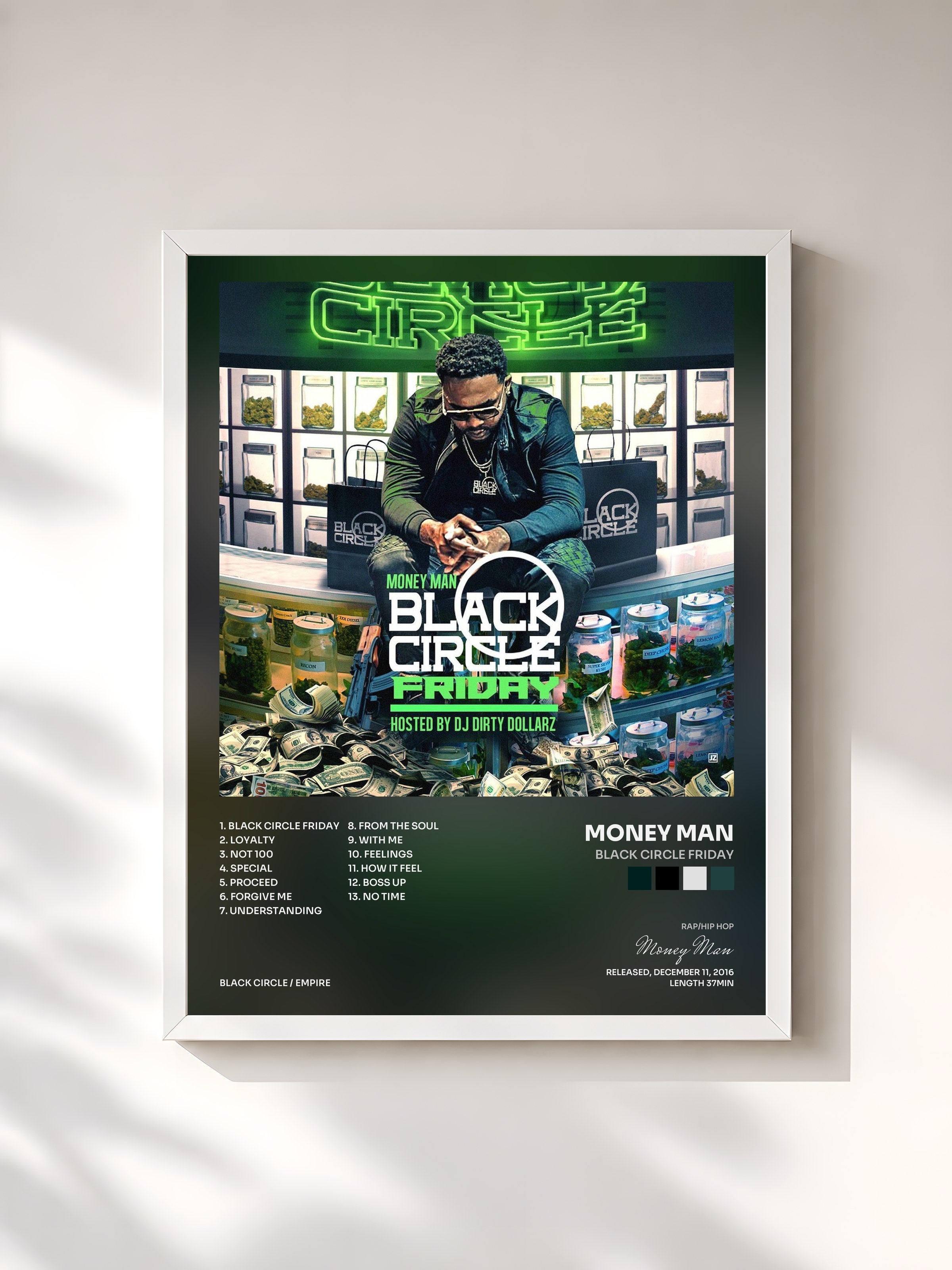 #blanc Tableau de l'album Black Circle Friday de Money Man, cadre blanc, imprimé et encadré en France