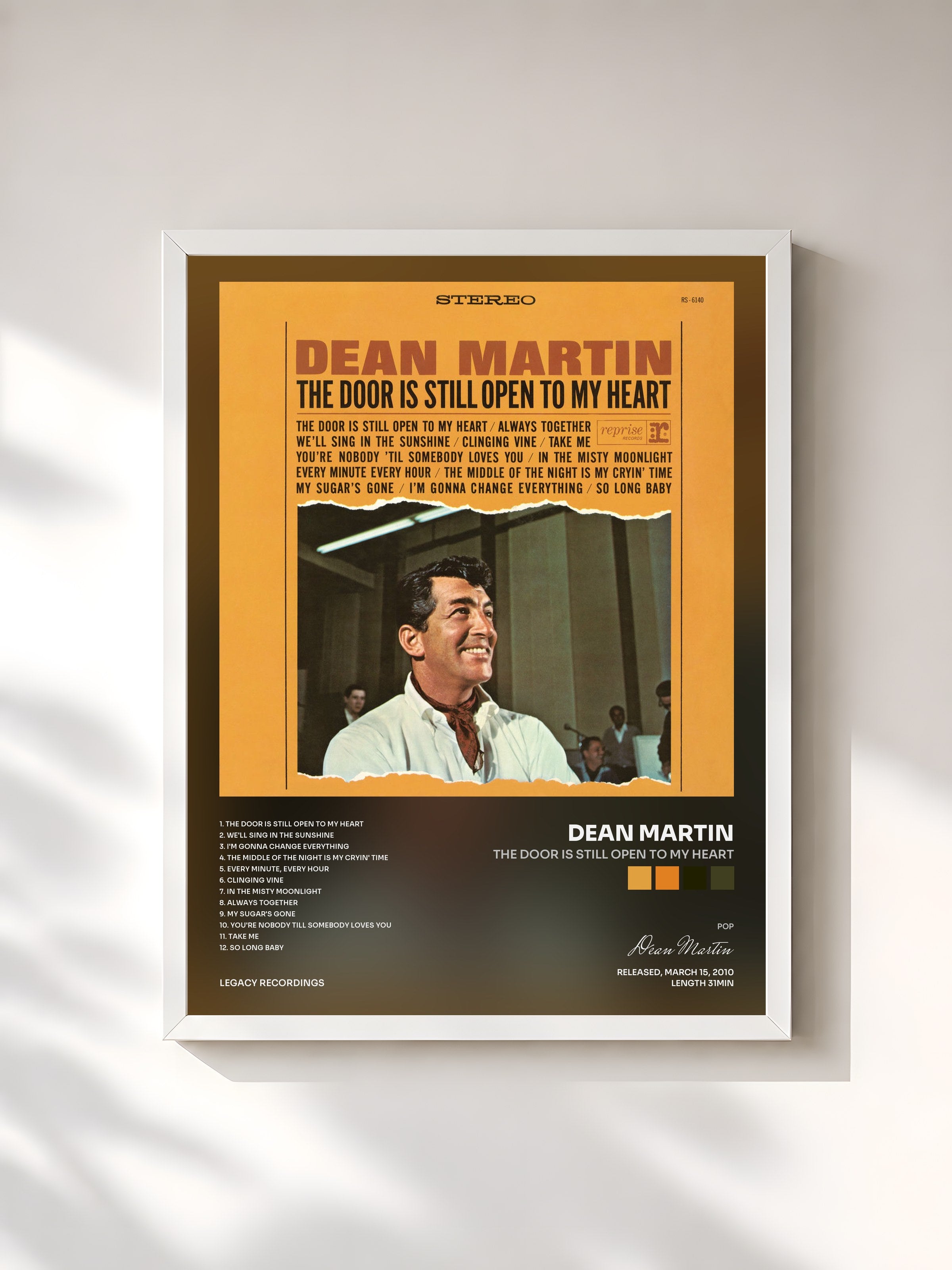 #blanc Tableau de l'album The Door Is Still Open to My Heart de Dean Martin, cadre blanc, imprimé et encadré en France