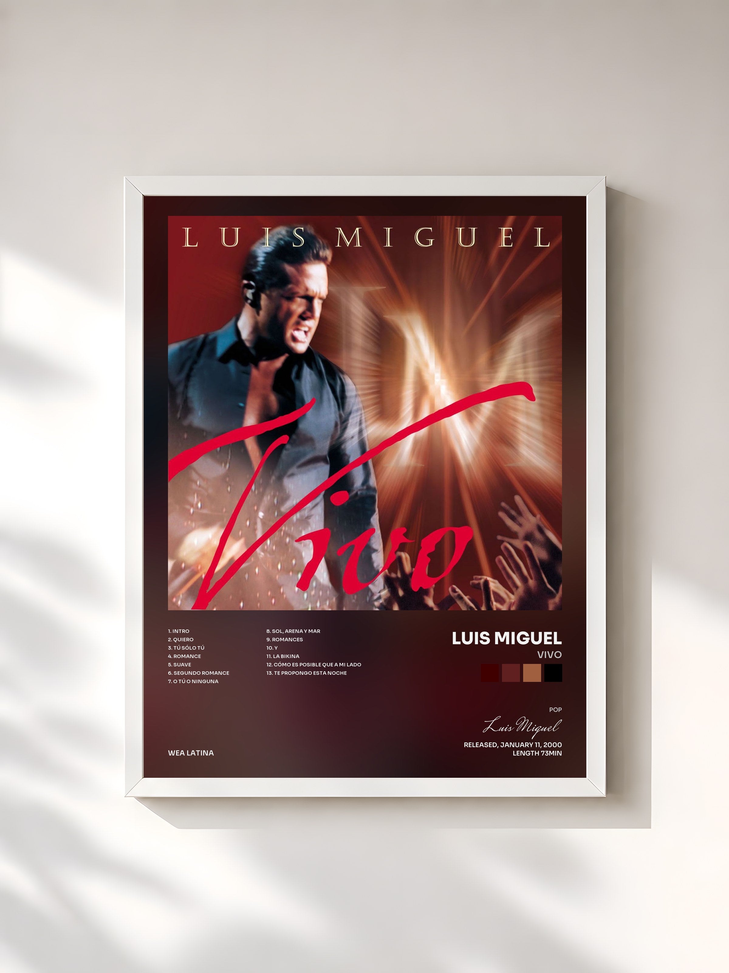 #blanc Tableau de l'album Vivo de Luis Miguel, cadre blanc, imprimé et encadré en France