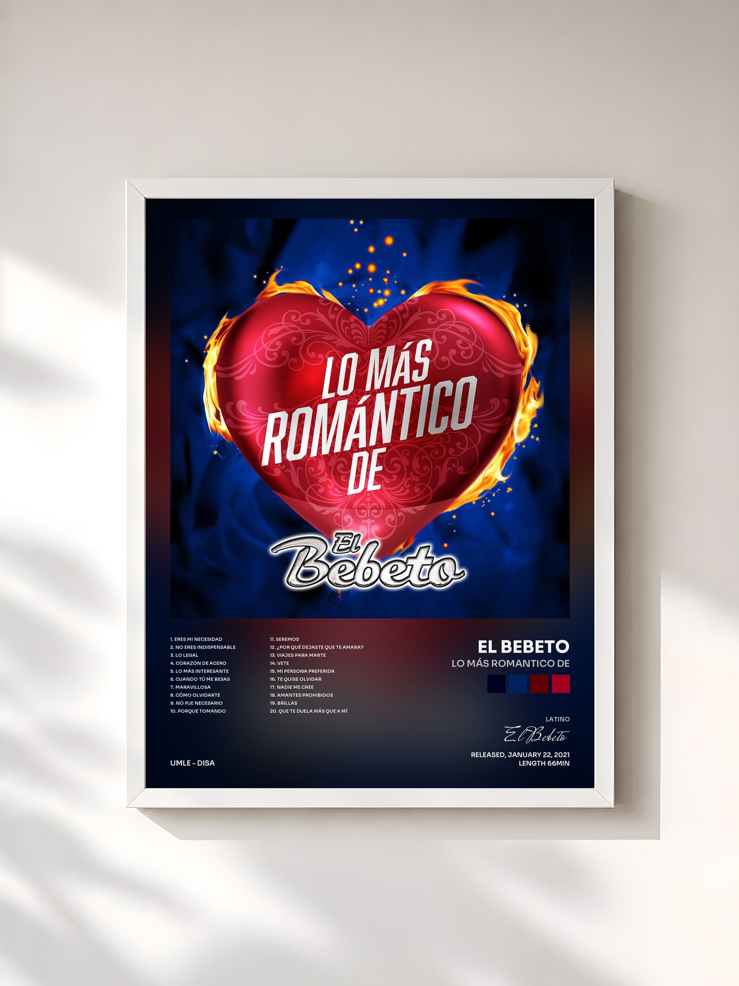 #blanc Tableau de l'album Lo Más Romantico De de El Bebeto, cadre blanc, imprimé et encadré en France