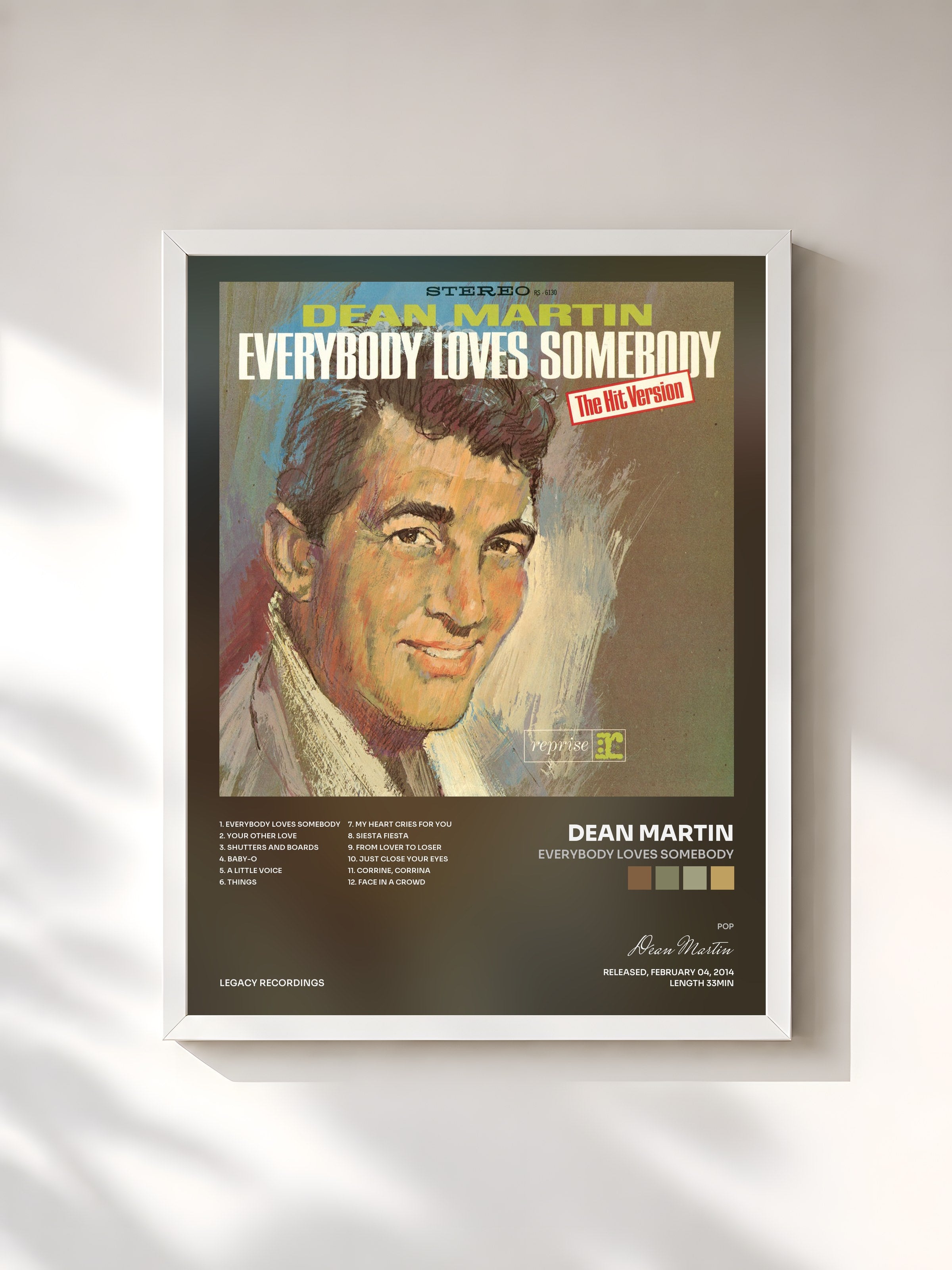 #blanc Tableau de l'album Everybody Loves Somebody de Dean Martin, cadre blanc, imprimé et encadré en France