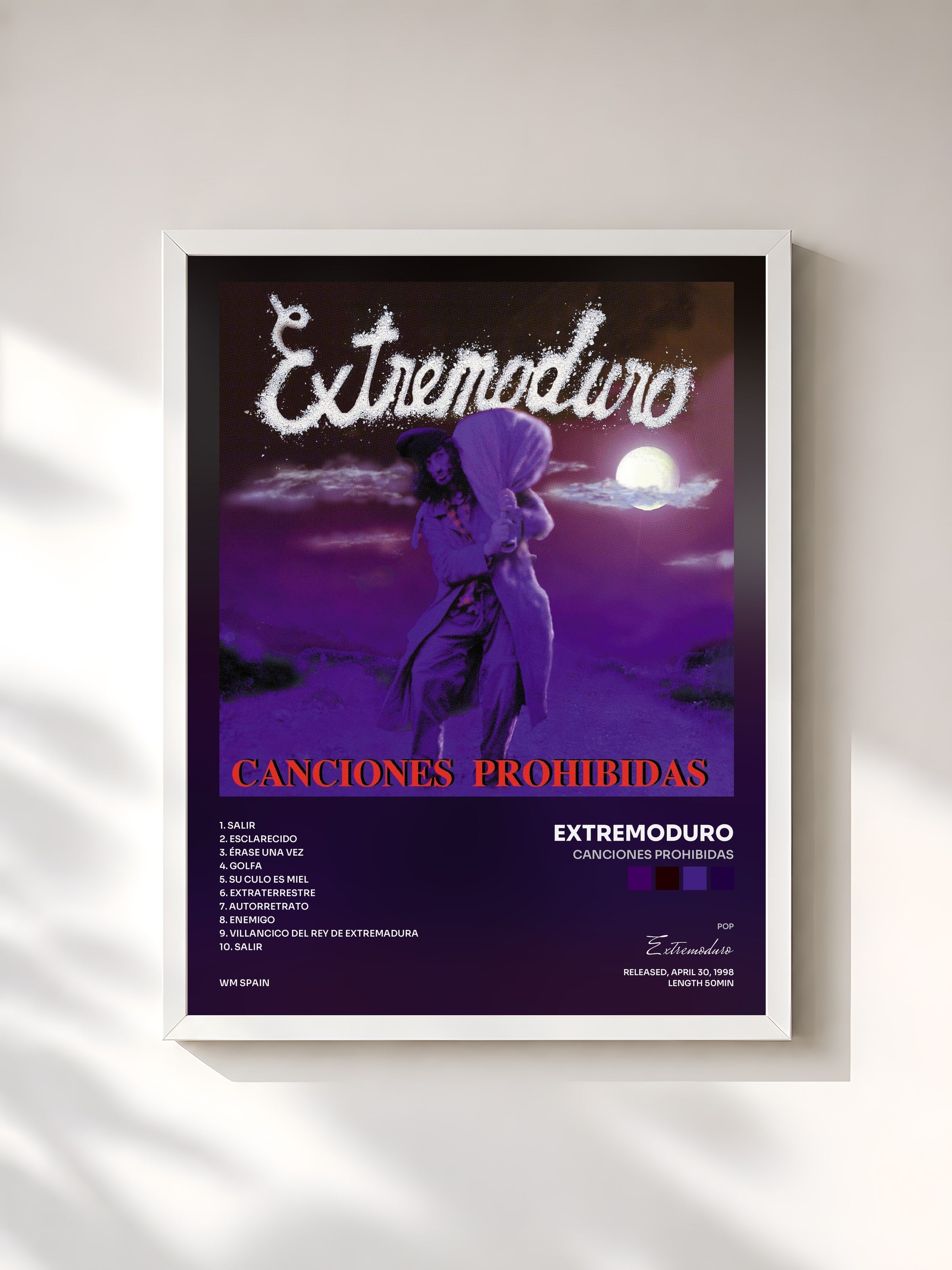 #blanc Tableau de l'album Canciones Prohibidas de Extremoduro, cadre blanc, imprimé et encadré en France