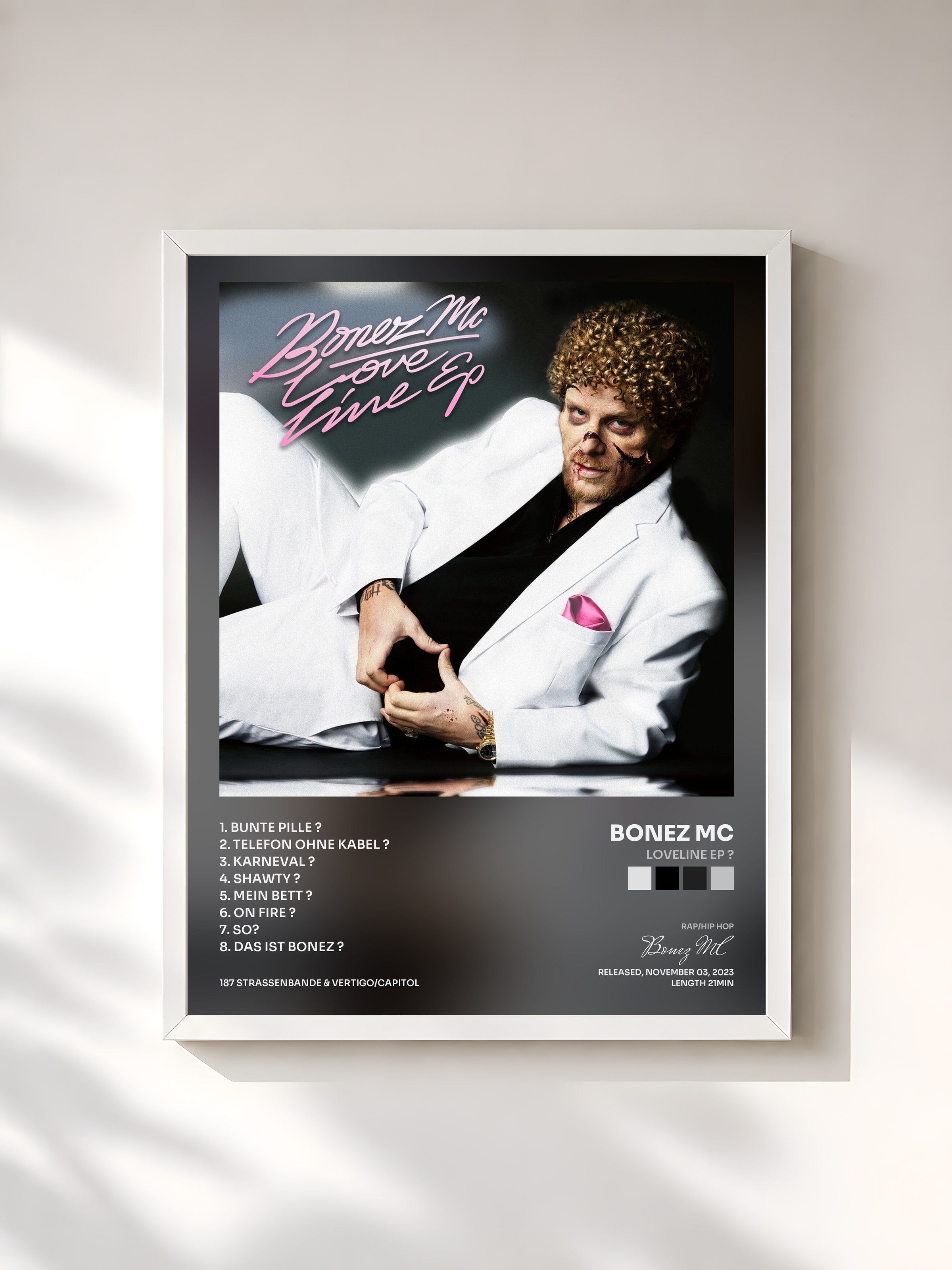 #blanc Tableau de l'album LOVELINE EP ? de Bonez MC, cadre blanc, imprimé et encadré en France