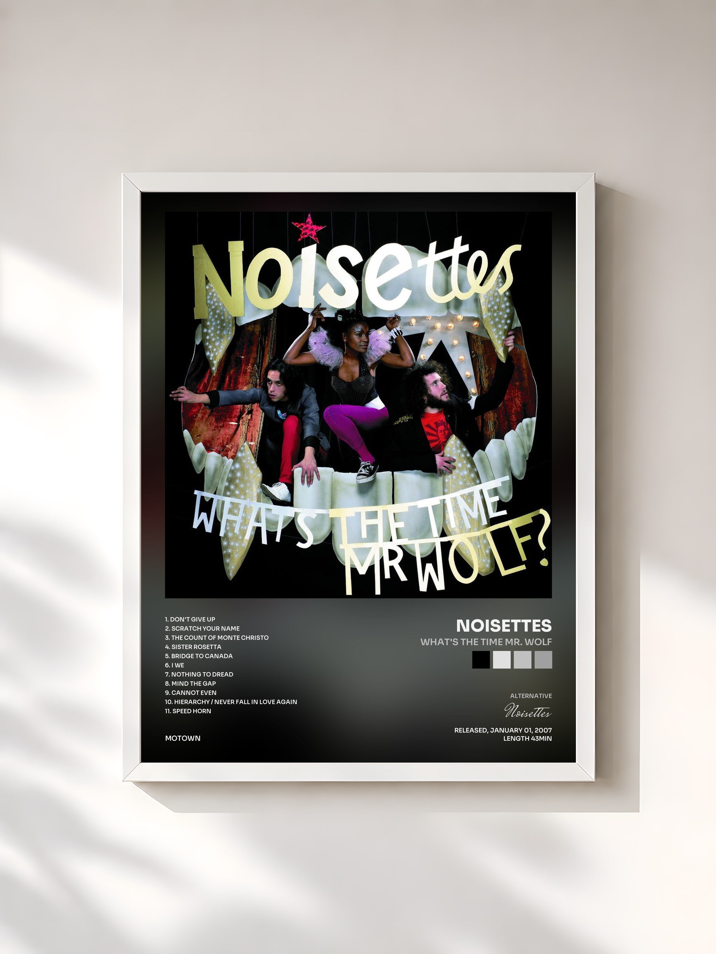 #blanc Tableau de l'album What's The Time Mr. Wolf de Noisettes, cadre blanc, imprimé et encadré en France