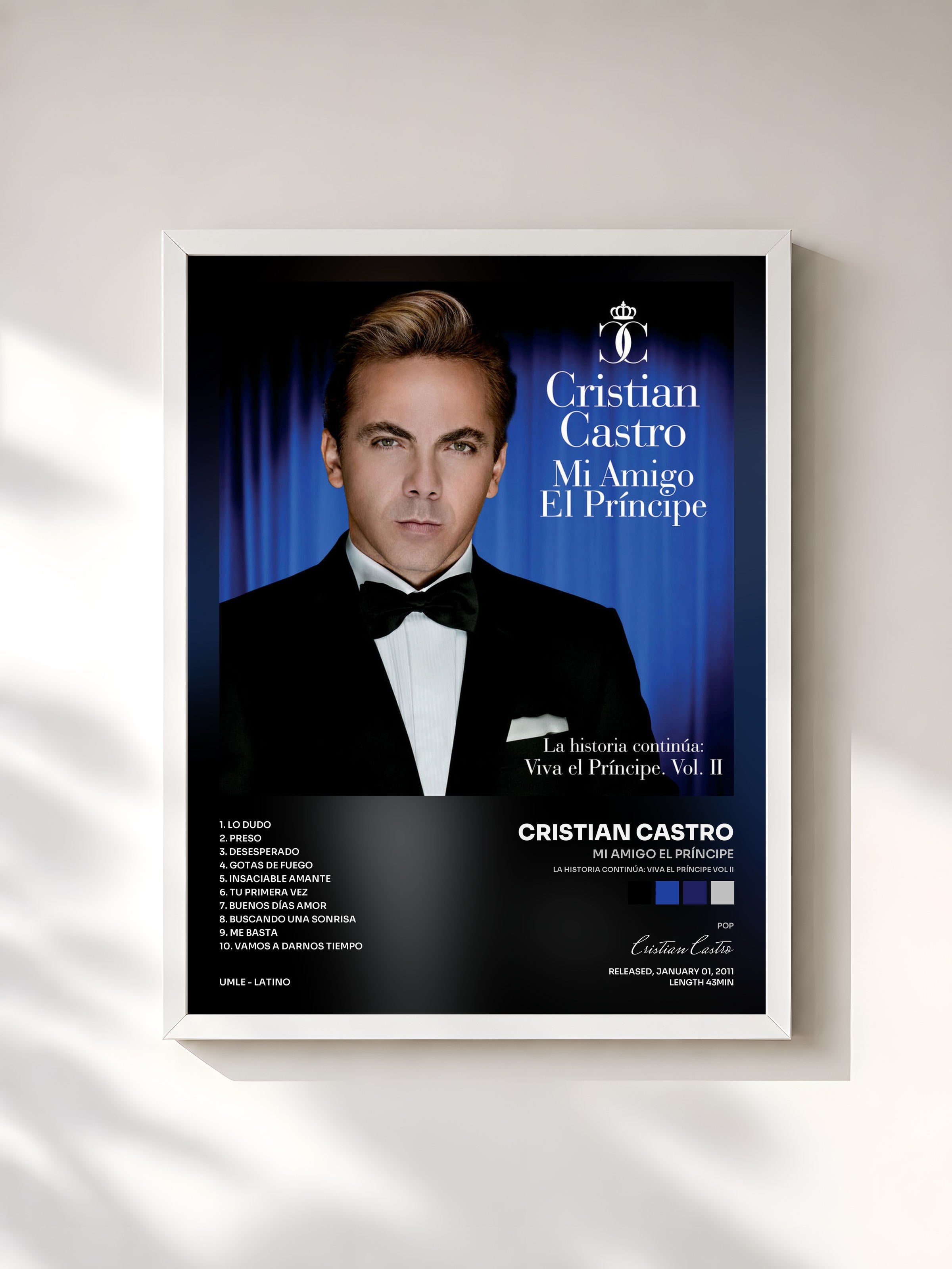 #blanc Tableau de l'album Mi Amigo El Príncipe (La Historia Continúa: Viva El Príncipe Vol II) de Cristian Castro, cadre blanc, imprimé et encadré en France
