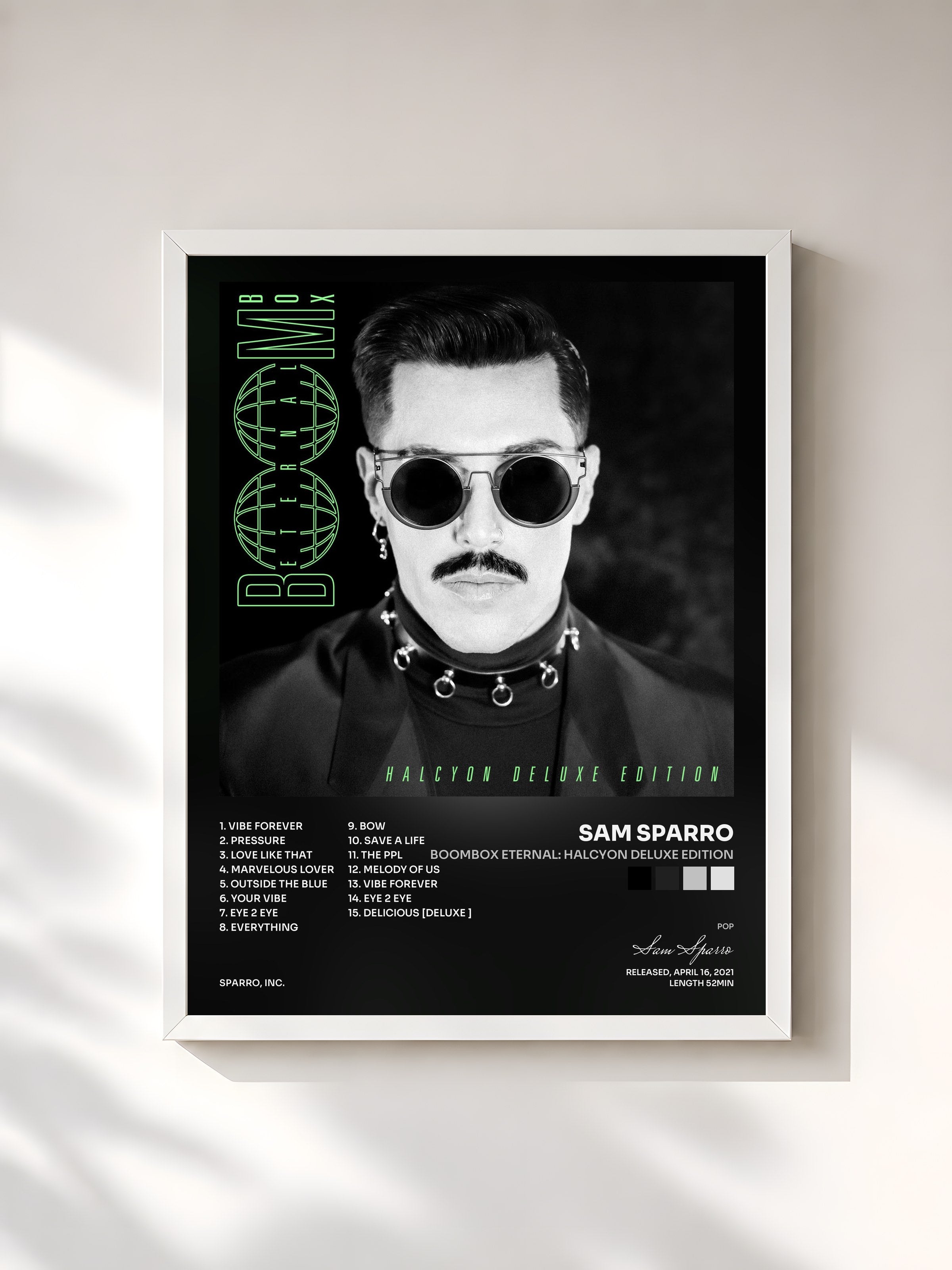 #blanc Tableau de l'album Boombox Eternal: Halcyon Deluxe Edition de Sam Sparro, cadre blanc, imprimé et encadré en France