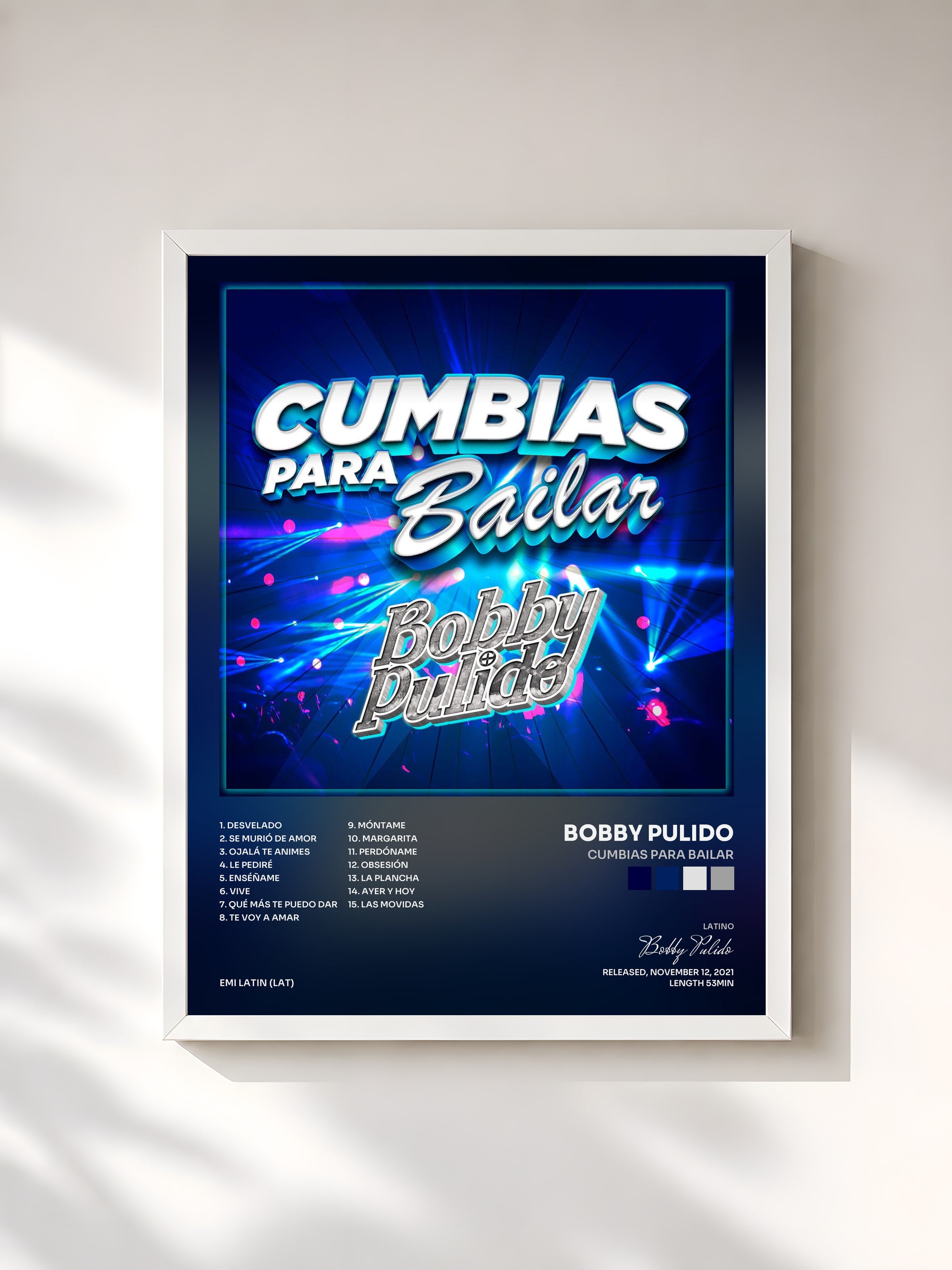 #blanc Tableau de l'album Cumbias Para Bailar de Bobby Pulido, cadre blanc, imprimé et encadré en France