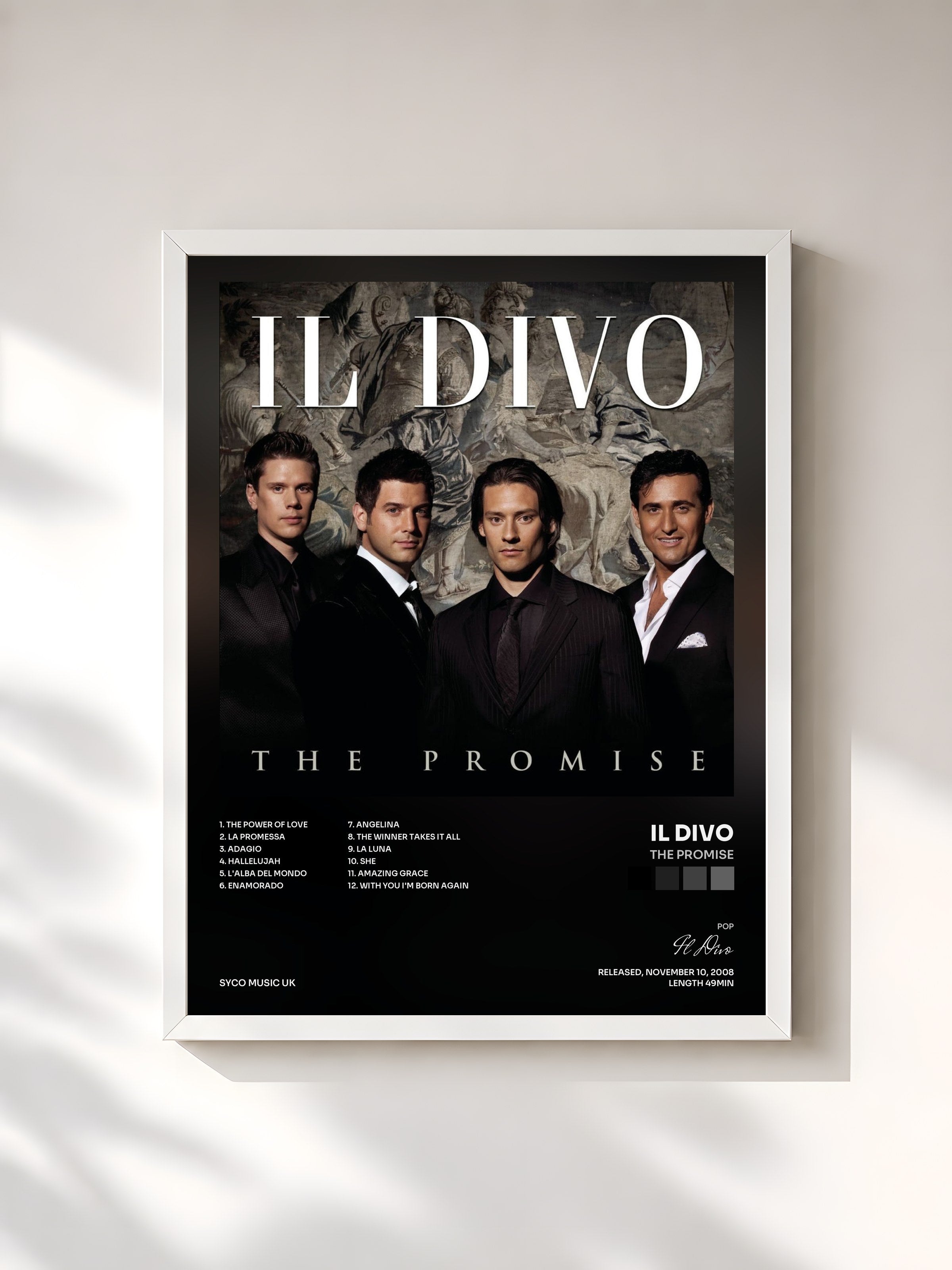 #blanc Tableau de l'album The Promise de Il Divo, cadre blanc, imprimé et encadré en France