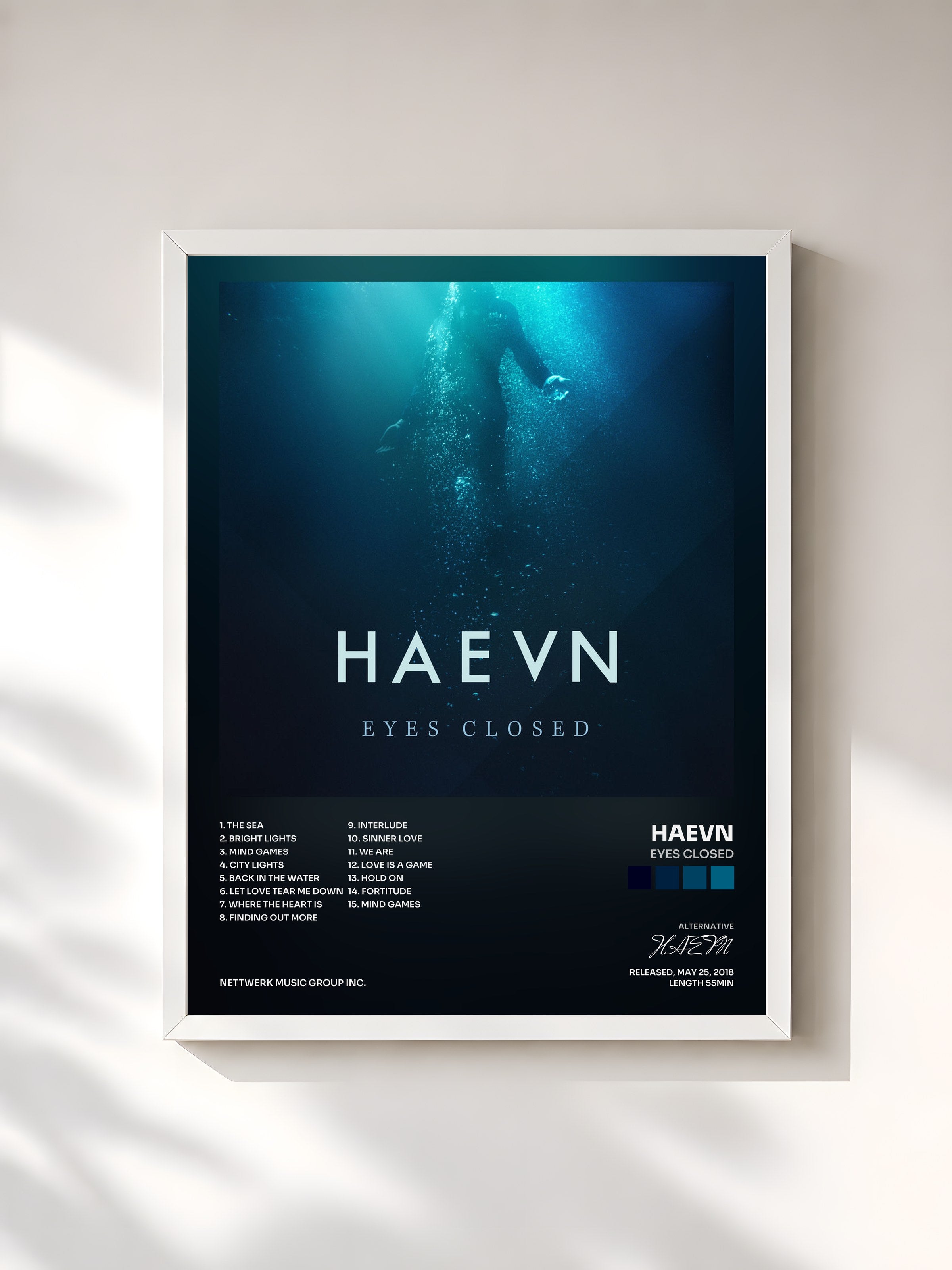 #blanc Tableau de l'album Eyes Closed de HAEVN, cadre blanc, imprimé et encadré en France
