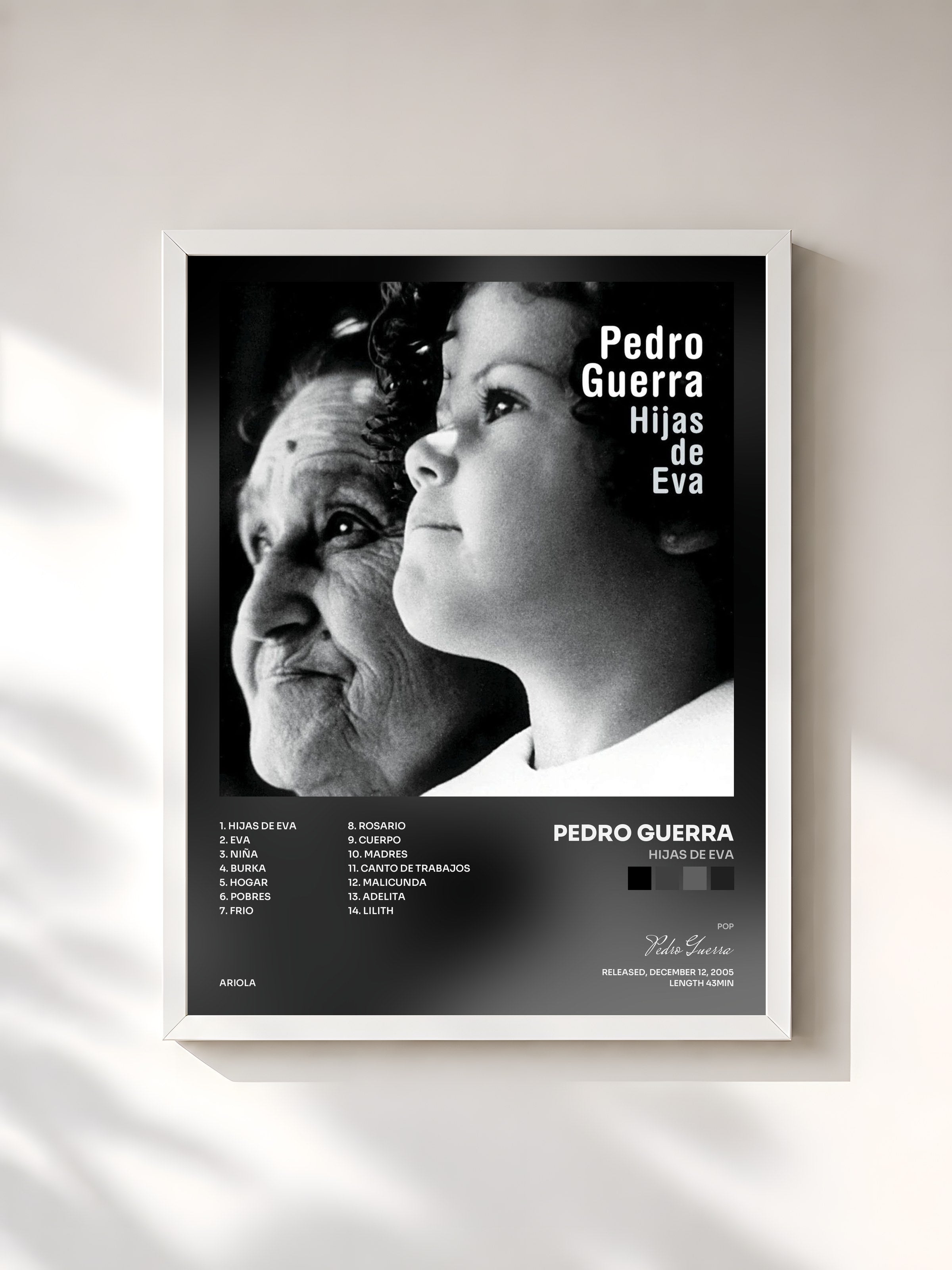 #blanc Tableau de l'album Hijas De Eva de Pedro Guerra, cadre blanc, imprimé et encadré en France