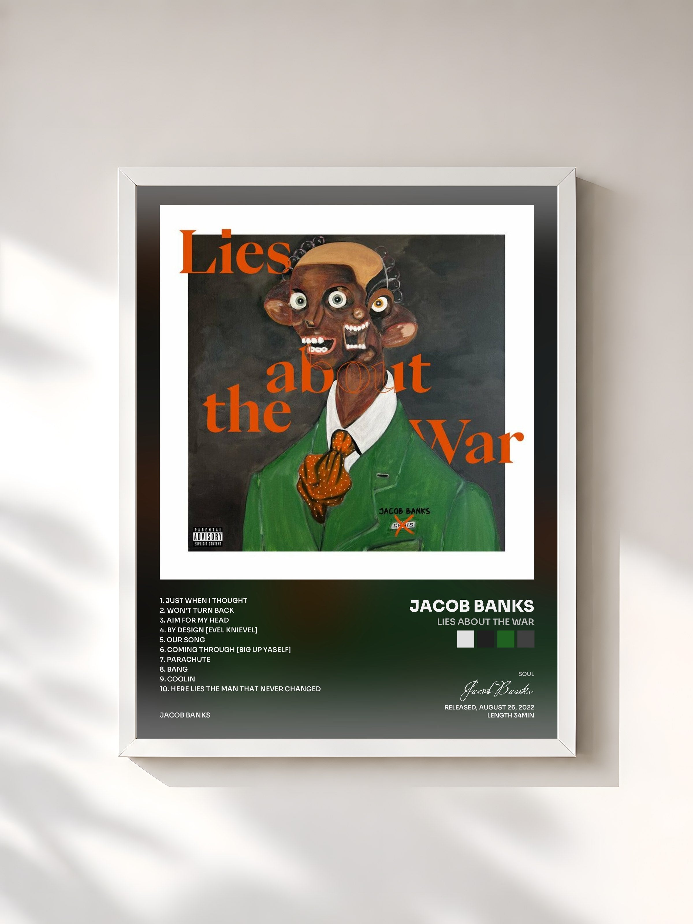 #blanc Tableau de l'album Lies About The War de Jacob Banks, cadre blanc, imprimé et encadré en France