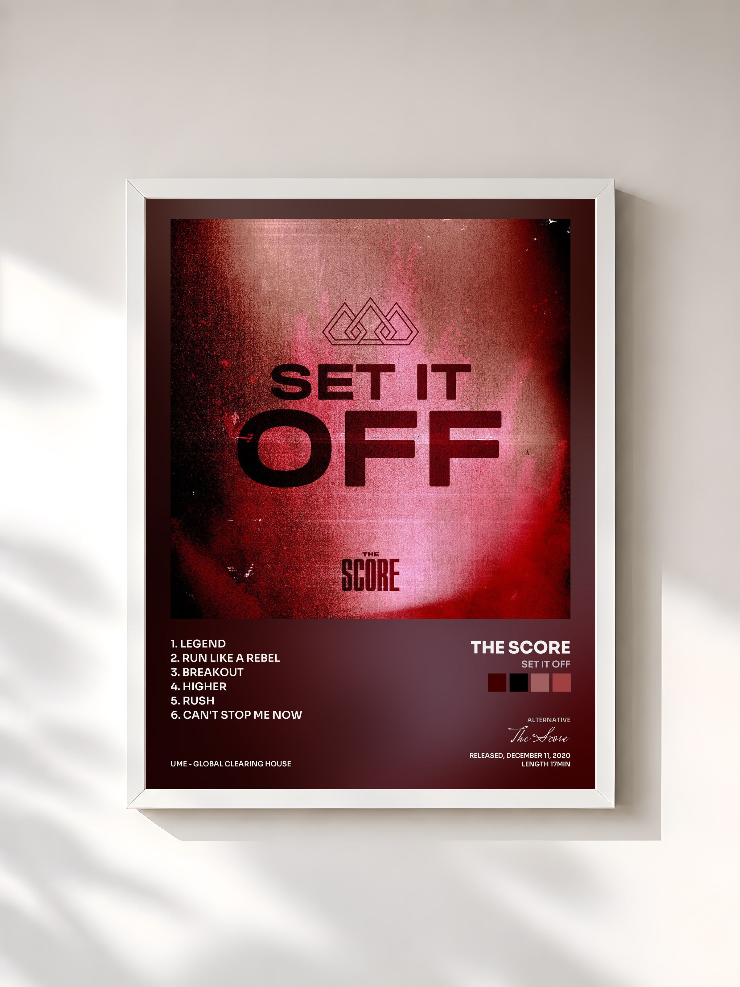 #blanc Tableau de l'album Set It Off de The Score, cadre blanc, imprimé et encadré en France
