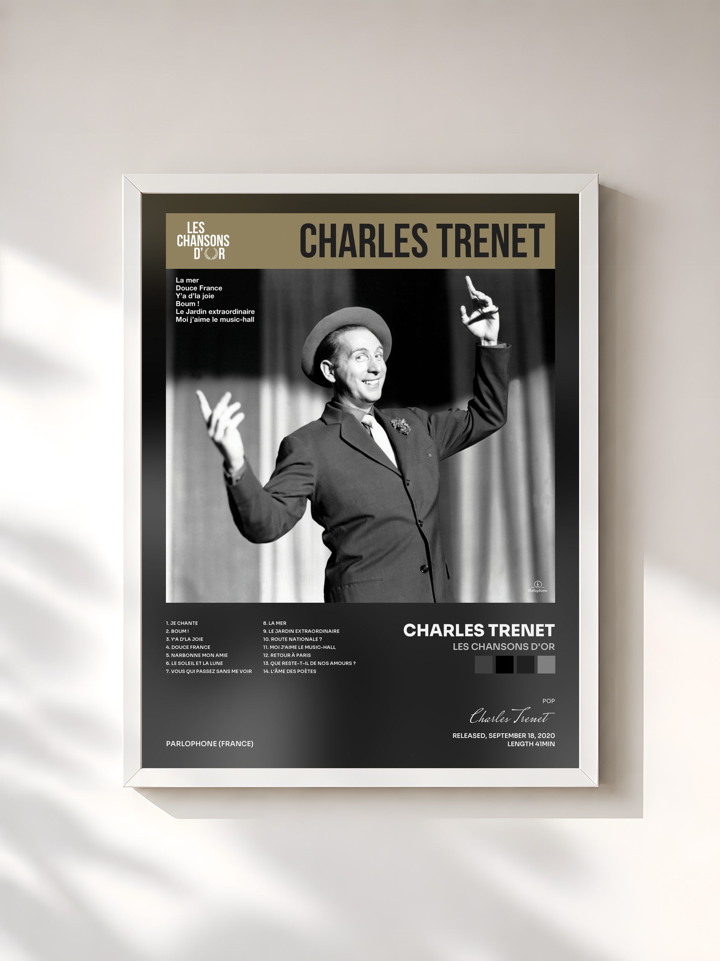 #blanc Tableau de l'album Les chansons d'or de Charles Trenet, cadre blanc, imprimé et encadré en France