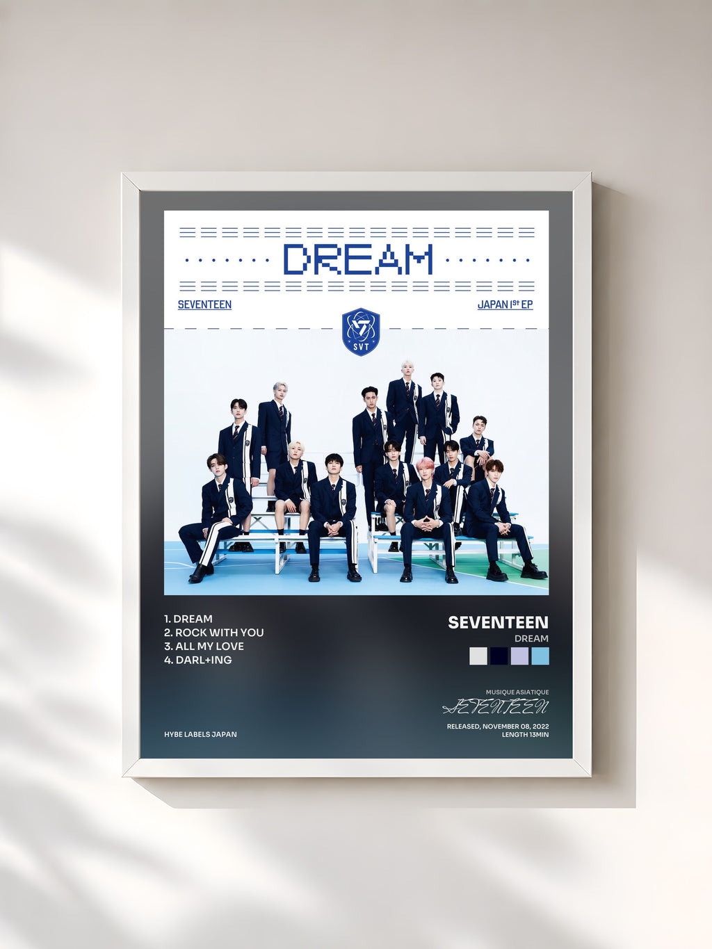 #blanc Tableau de l'album DREAM de SEVENTEEN, cadre blanc, imprimé et encadré en France