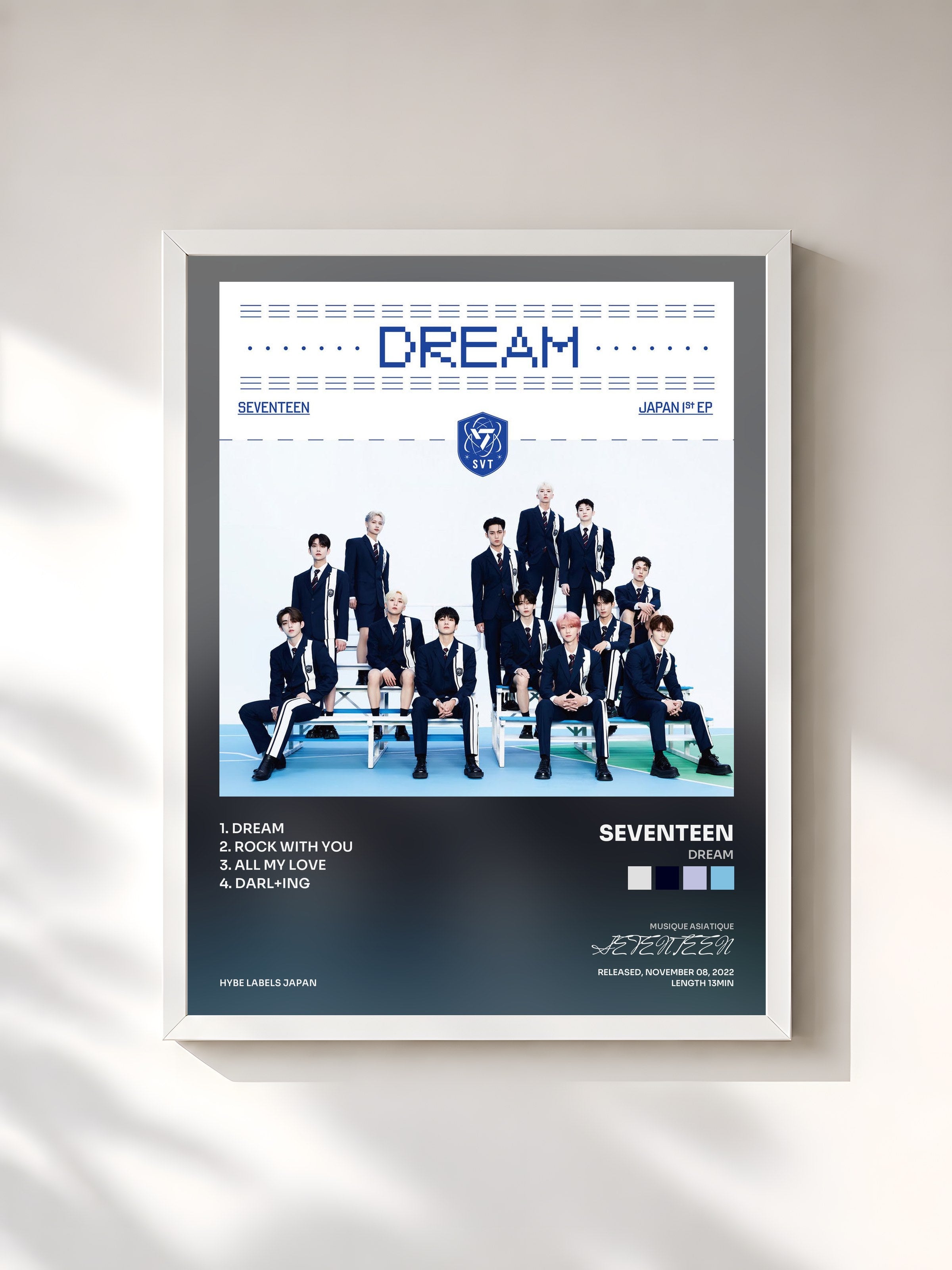 #blanc Tableau de l'album DREAM de SEVENTEEN, cadre blanc, imprimé et encadré en France