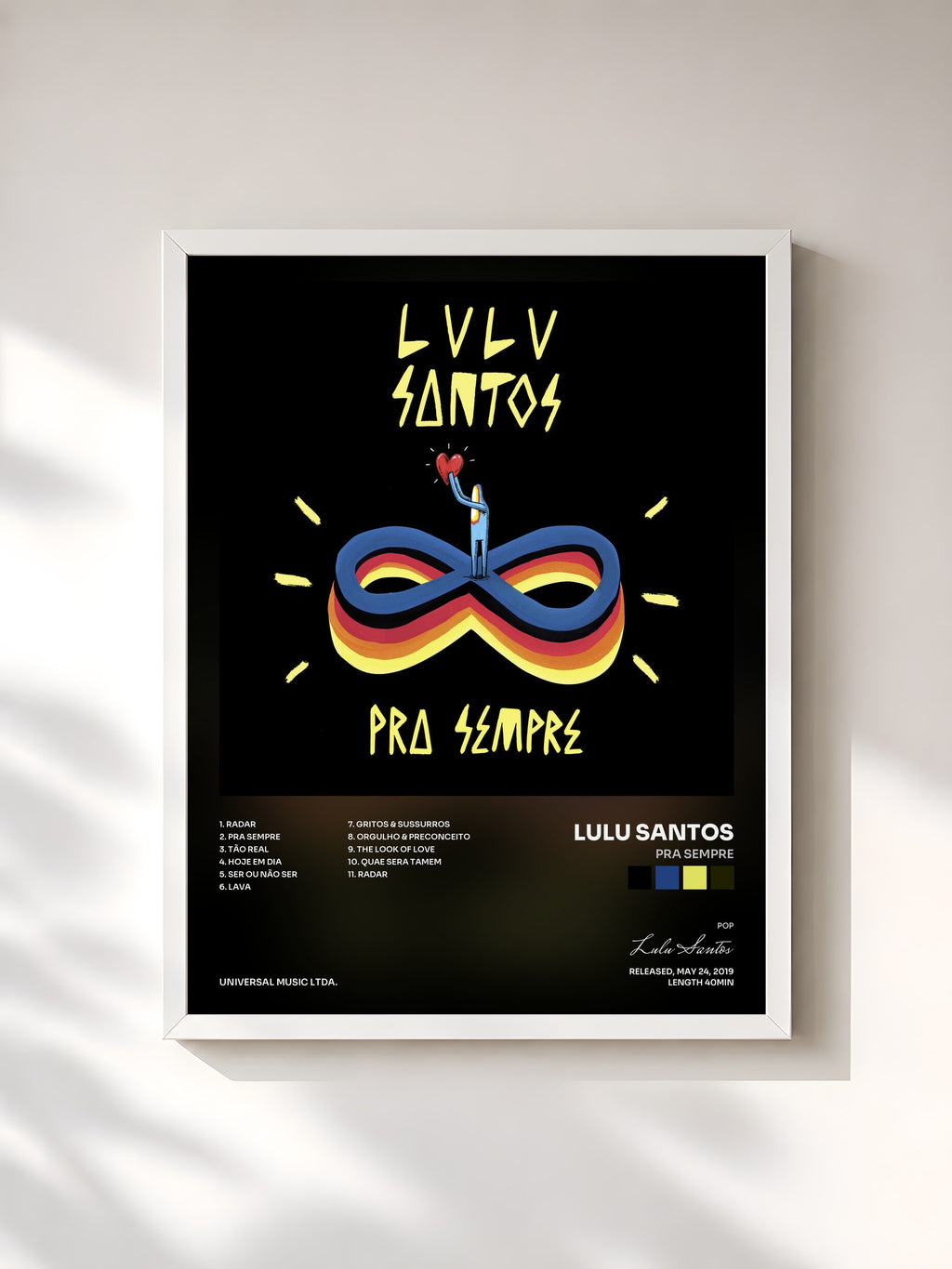 #blanc Tableau de l'album Pra Sempre de Lulu Santos, cadre blanc, imprimé et encadré en France