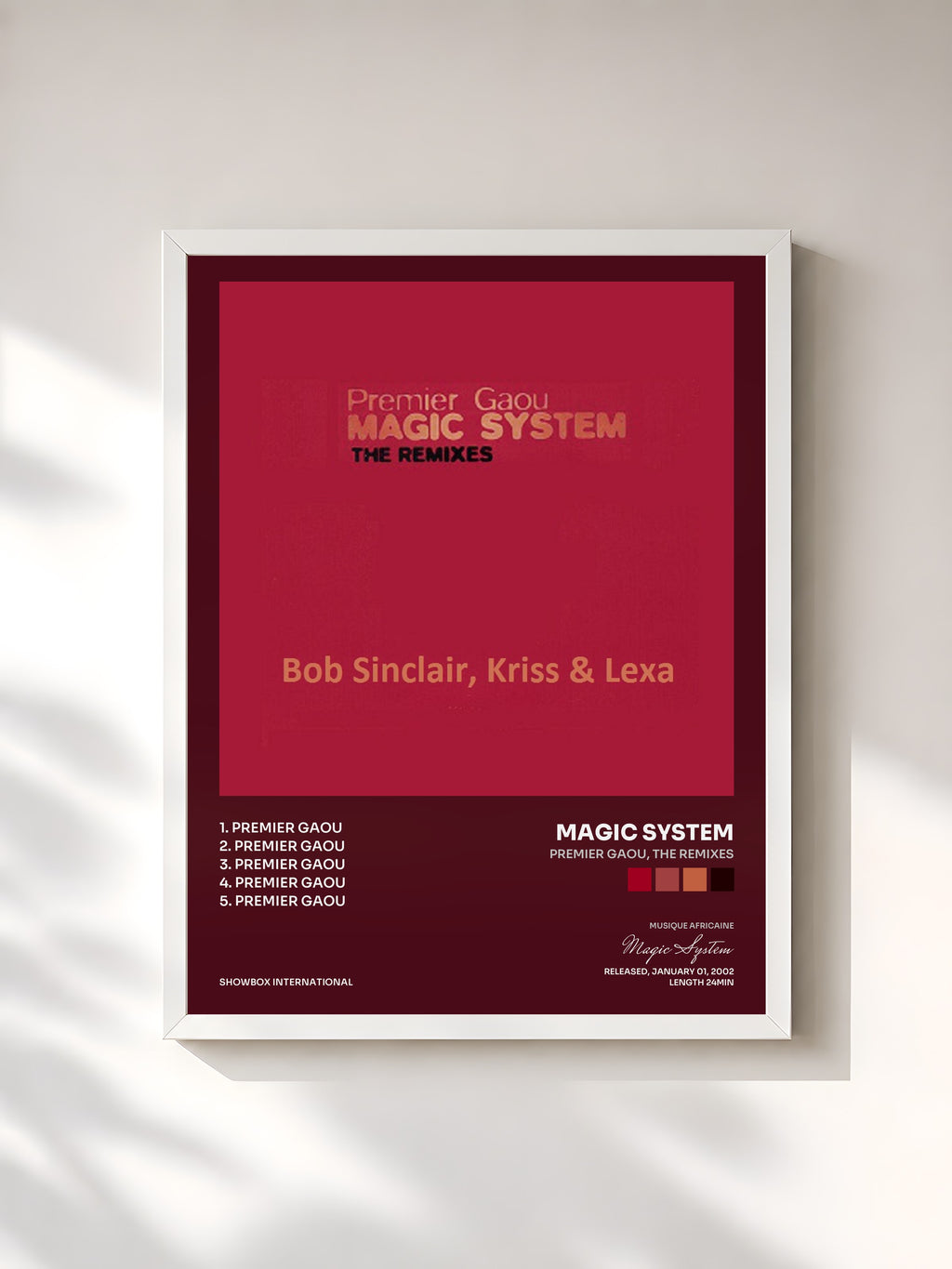 #blanc Tableau de l'album Premier Gaou, The Remixes de Magic System, cadre blanc, imprimé et encadré en France