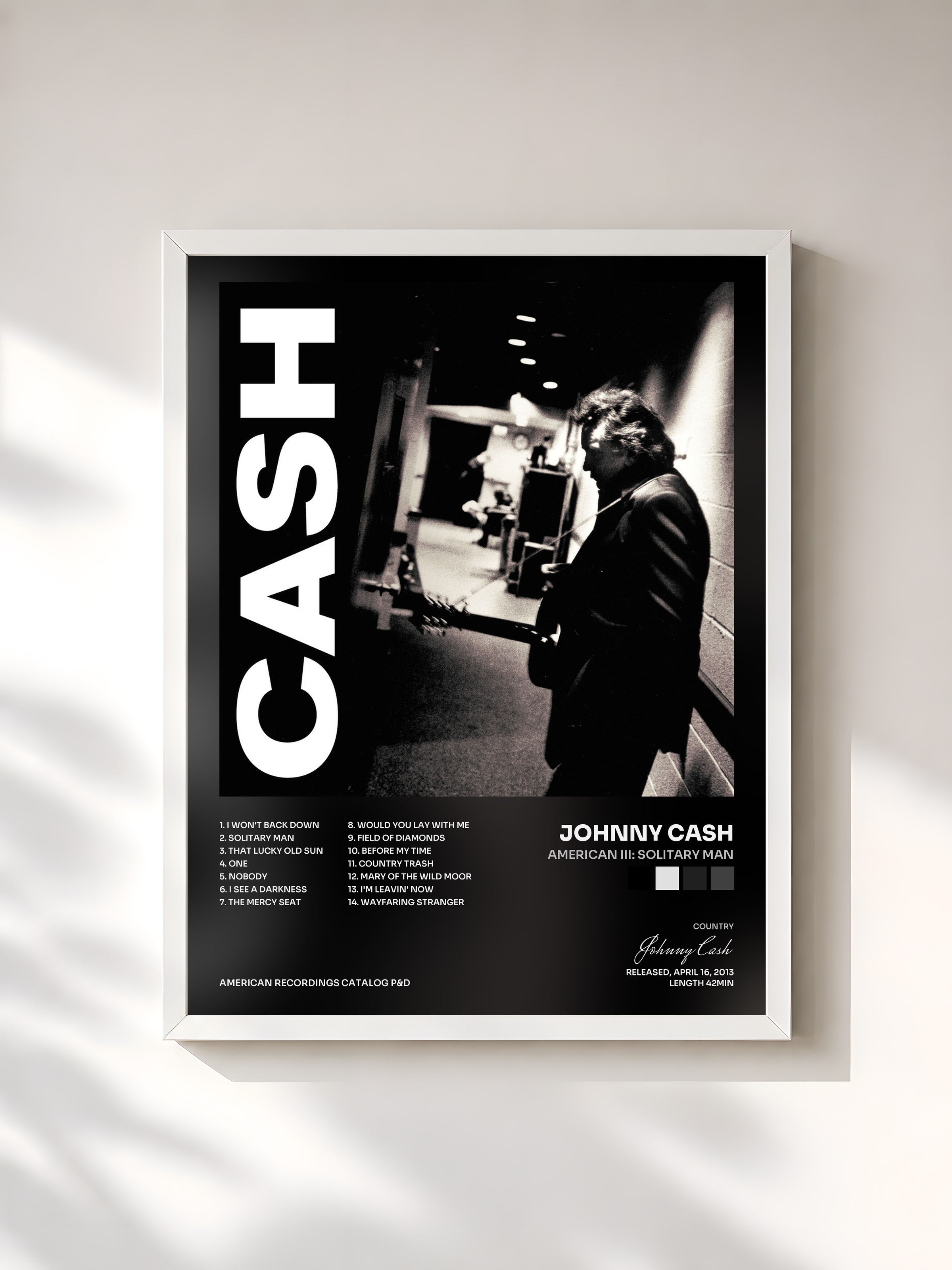 #blanc Tableau de l'album American III: Solitary Man de Johnny Cash, cadre blanc, imprimé et encadré en France