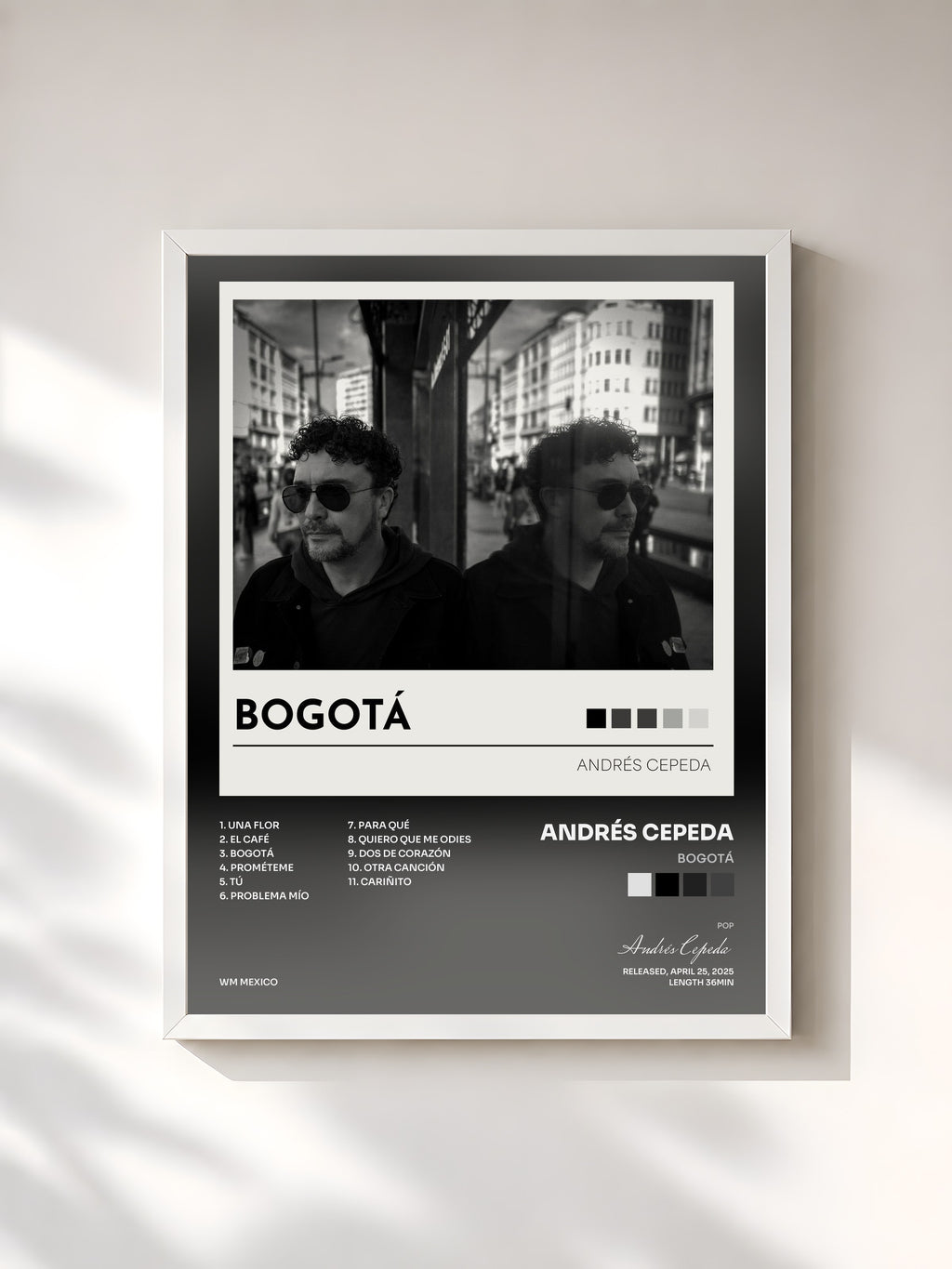 #blanc Tableau de l'album BOGOTÁ de Andrés Cepeda, cadre blanc, imprimé et encadré en France