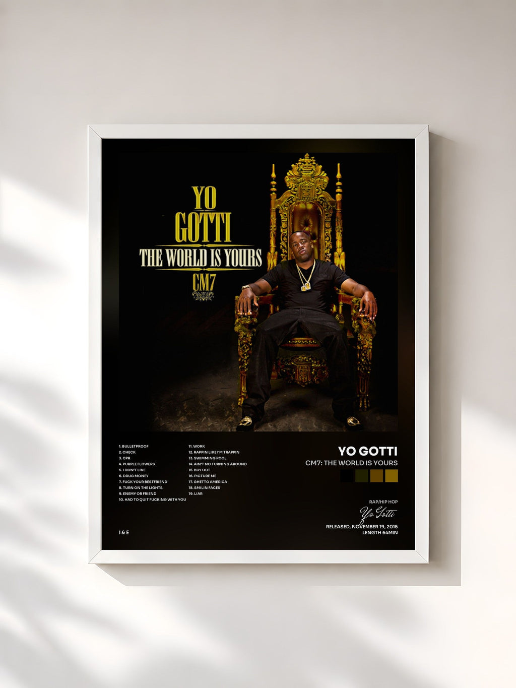 #blanc Tableau de l'album CM7: The World Is Yours de Yo Gotti, cadre blanc, imprimé et encadré en France