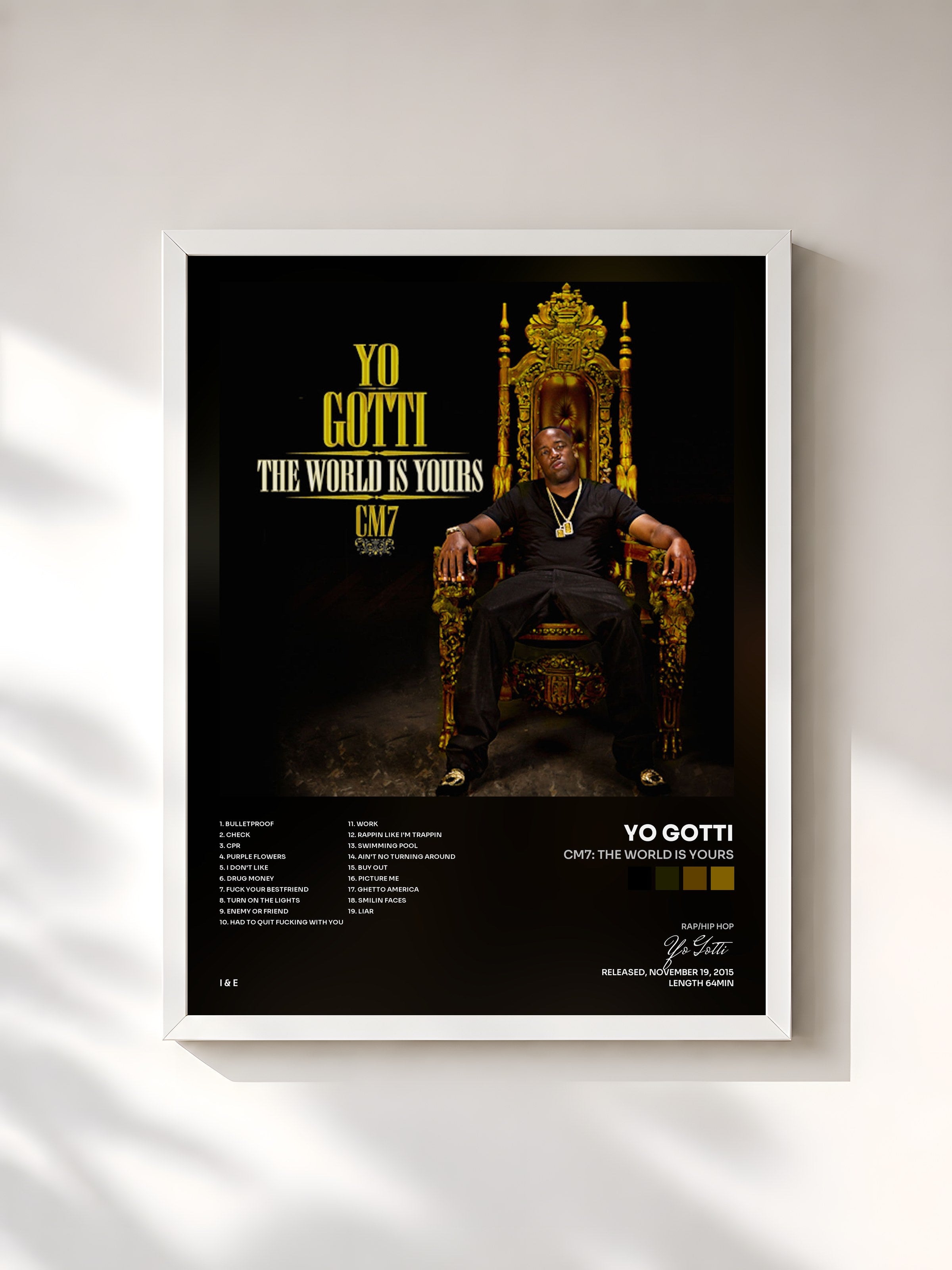 #blanc Tableau de l'album CM7: The World Is Yours de Yo Gotti, cadre blanc, imprimé et encadré en France
