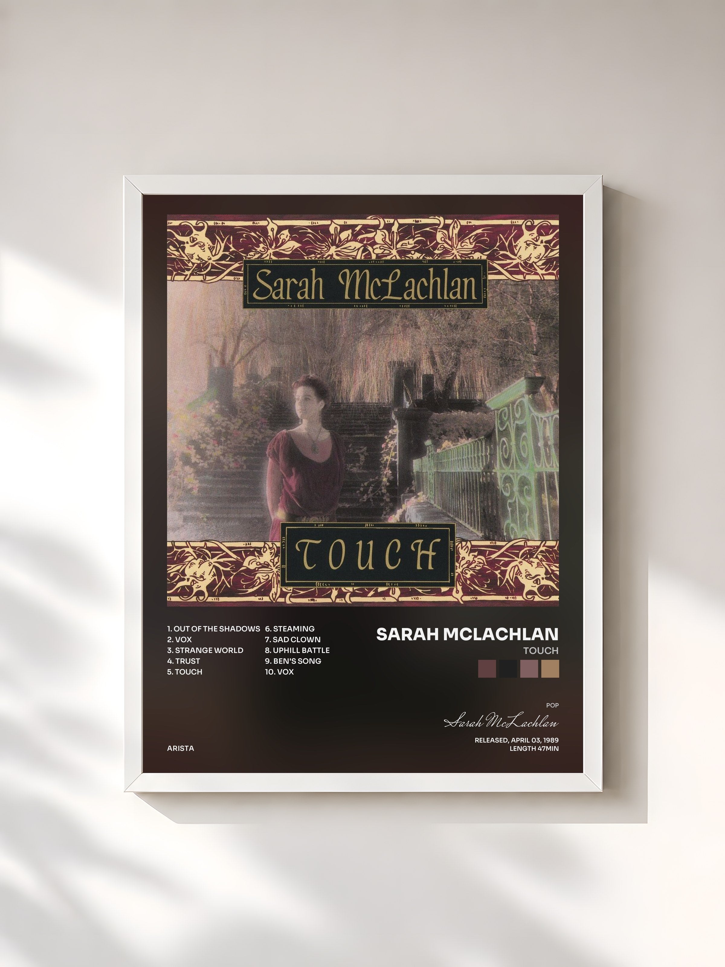 #blanc Tableau de l'album Touch de Sarah McLachlan, cadre blanc, imprimé et encadré en France